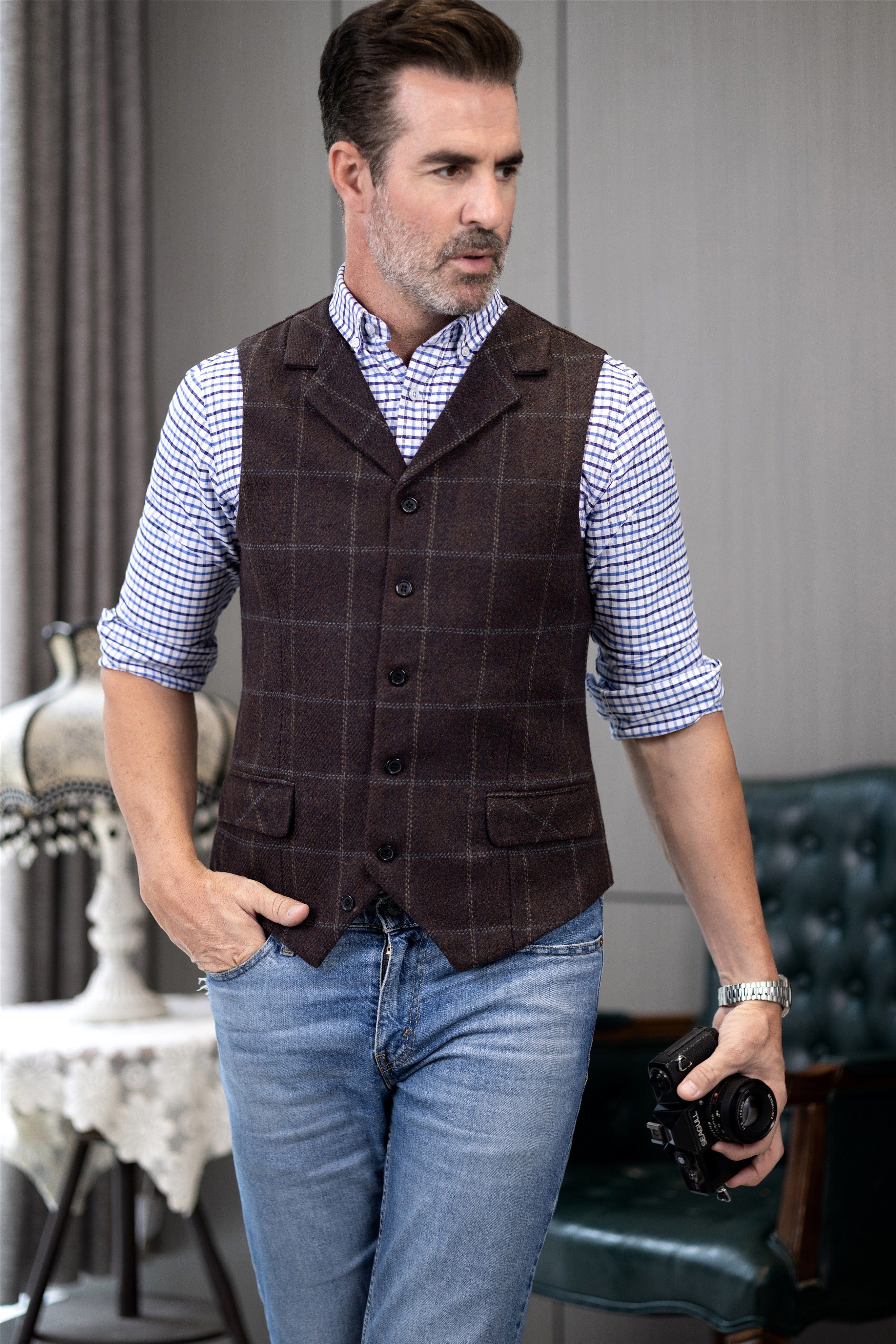 aesido Men's Plaid Single Breasted Notch Lapel Casual Vest