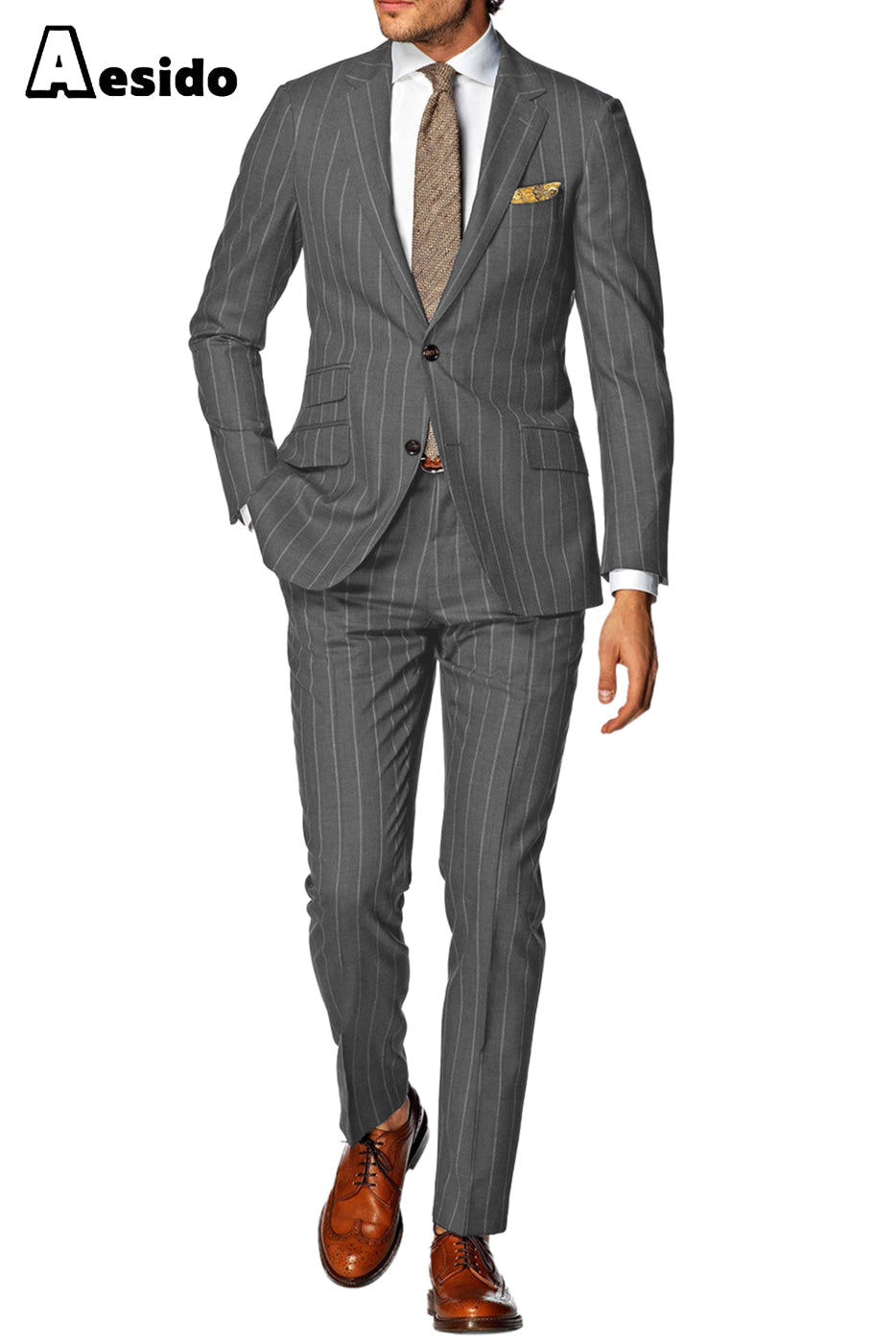 aesido Men's Striped Suit 2 Piece Notch Lapel Blazer(Blazer+Pants)