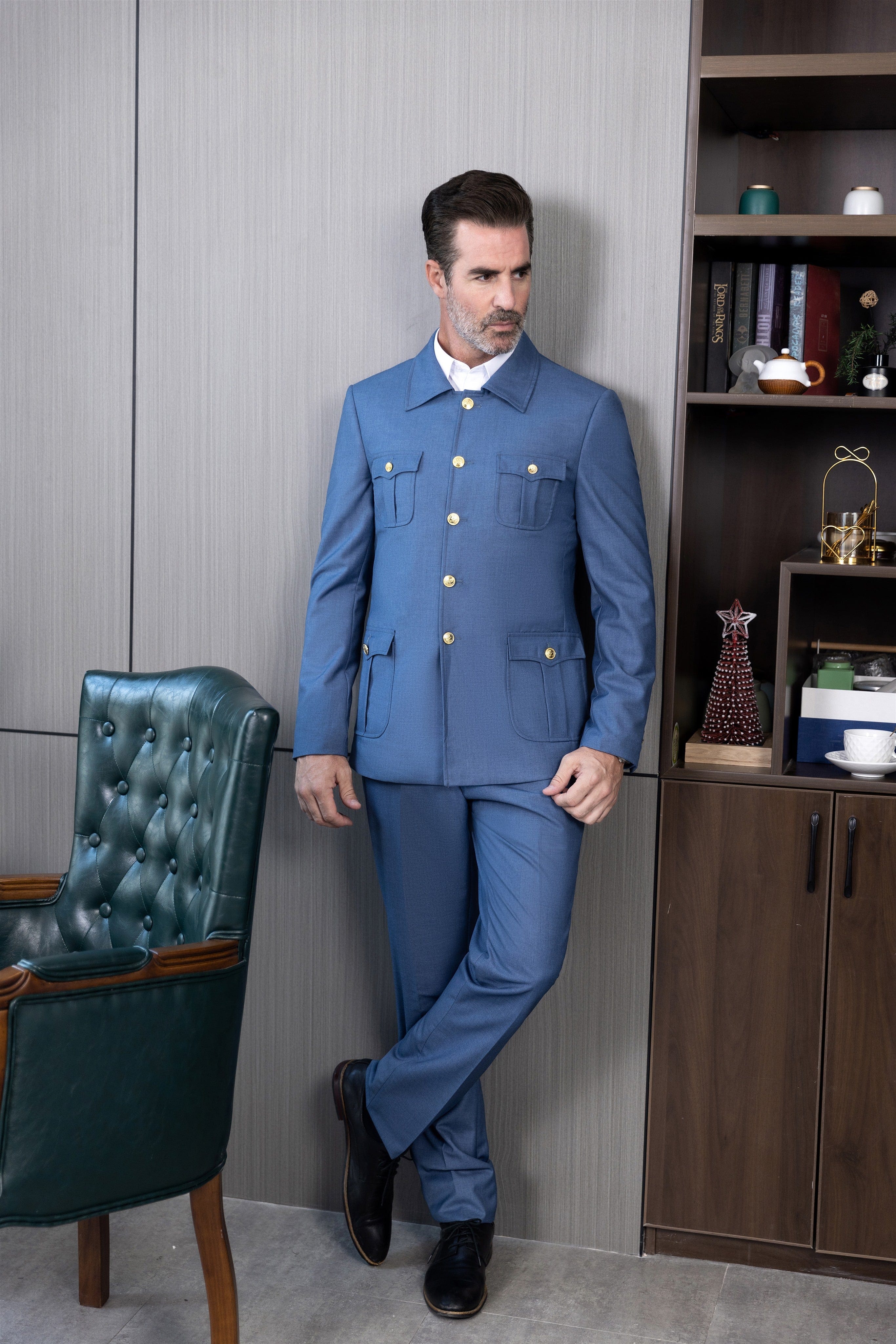 aesido Men's Suit 2 Piece Stand Collar Jacket(Blazer+Pants)