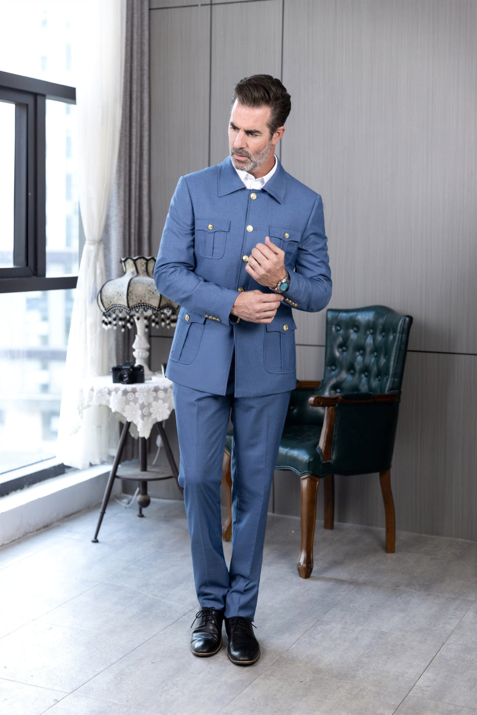 aesido Men's Suit 2 Piece Stand Collar Jacket(Blazer+Pants)