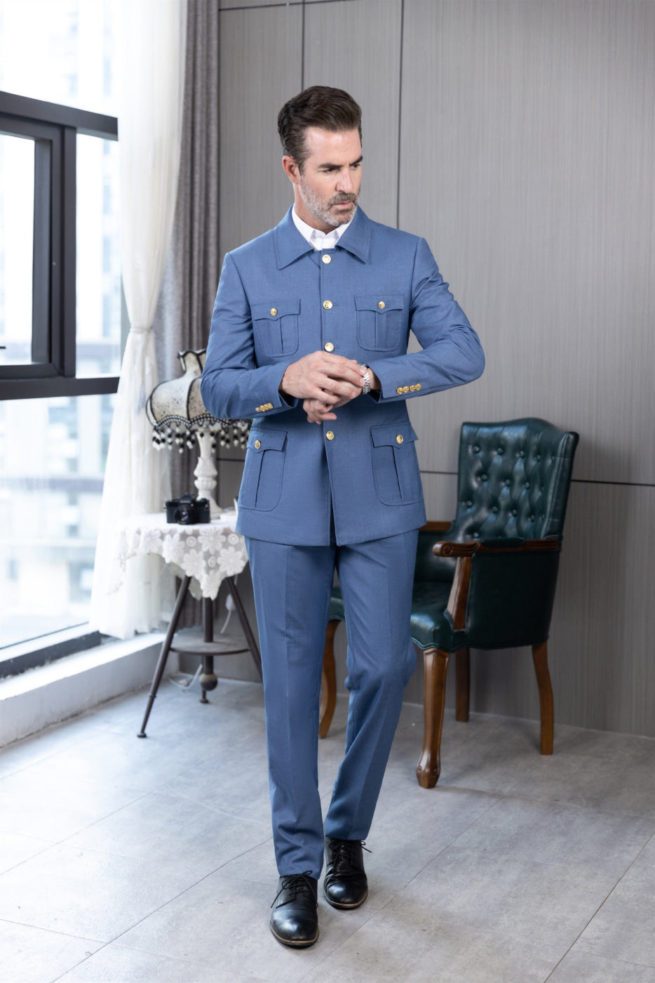 aesido Men's Suit 2 Piece Stand Collar Jacket(Blazer+Pants)