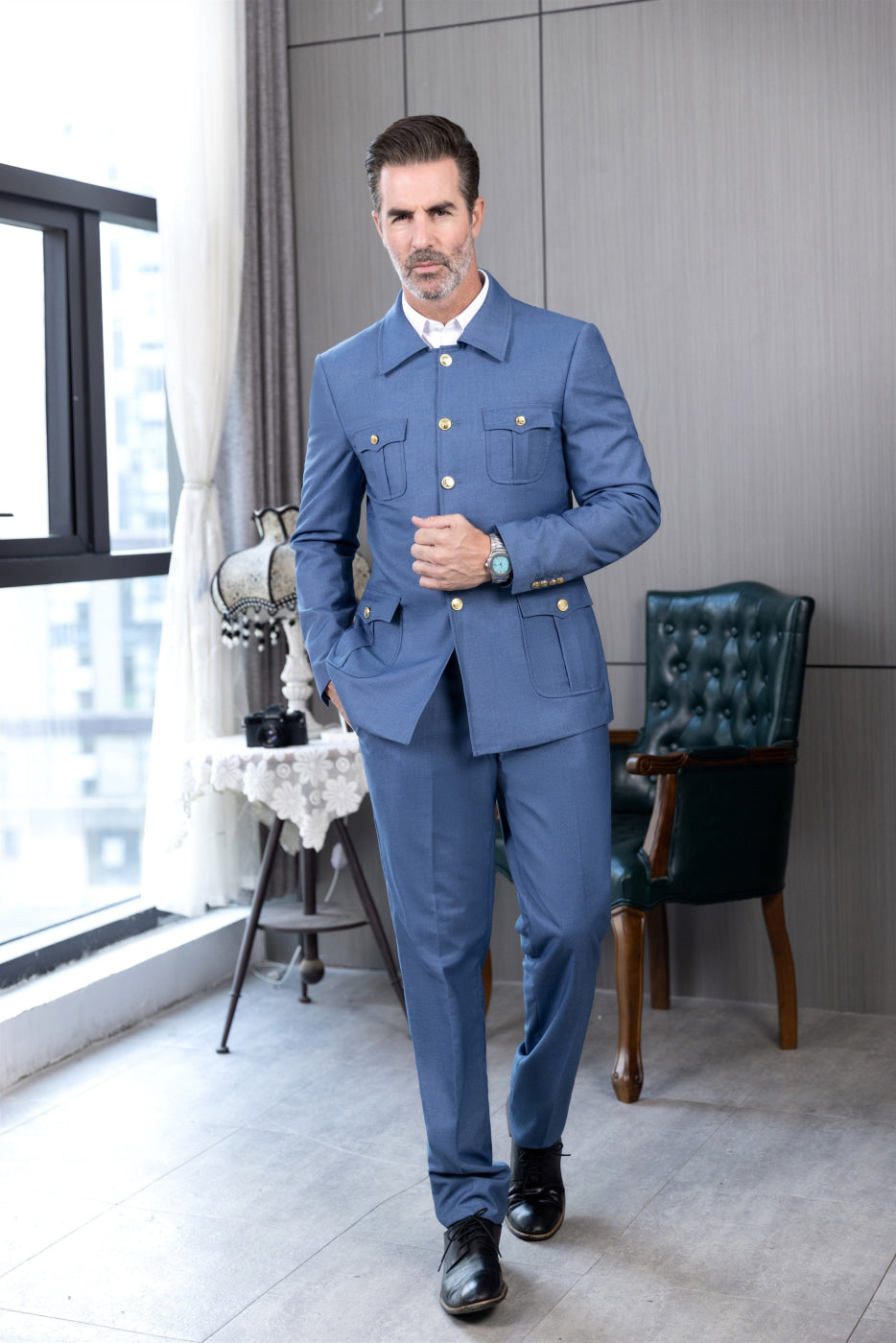 aesido Men's Suit 2 Piece Stand Collar Jacket(Blazer+Pants)