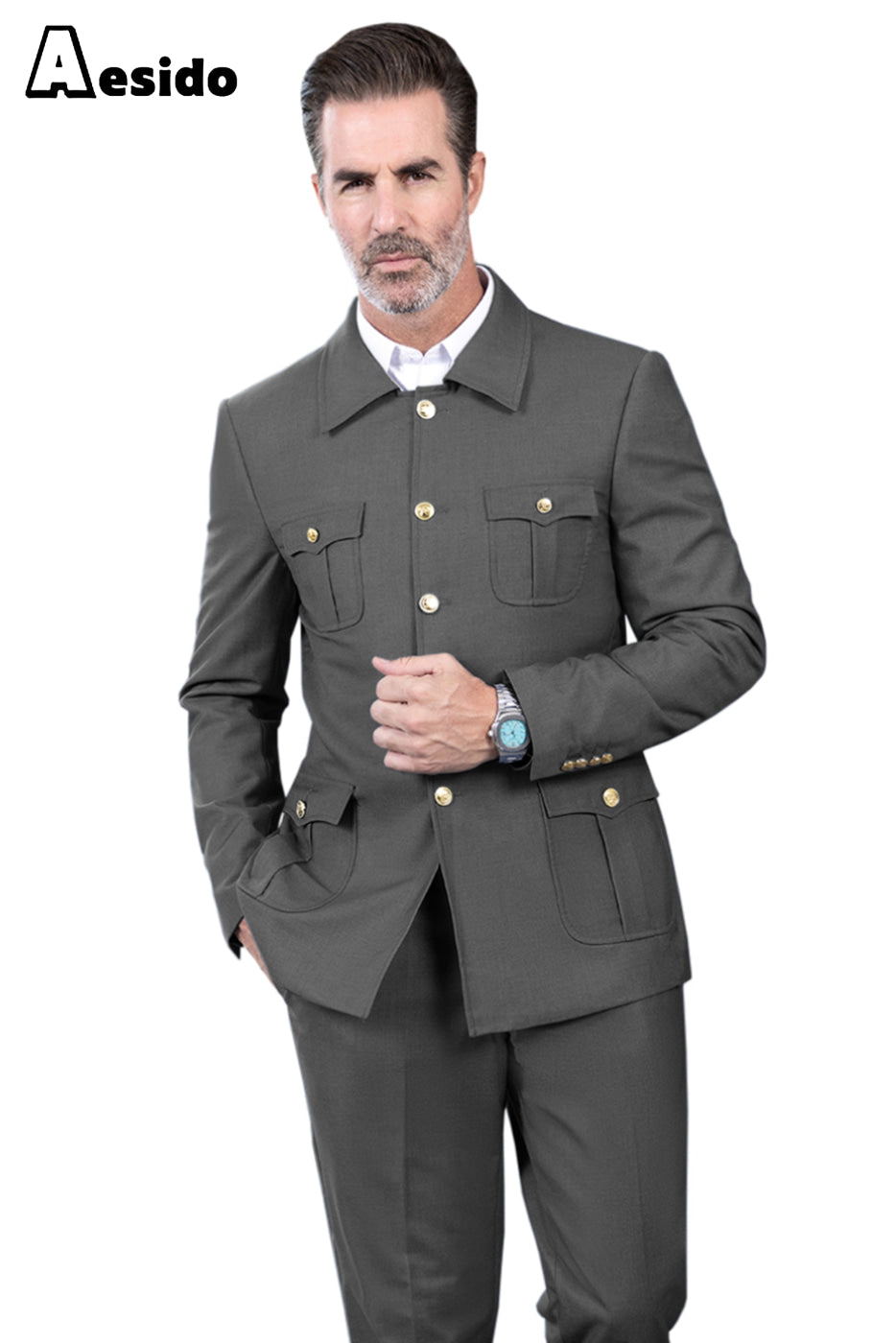 aesido Men's Suit 2 Piece Stand Collar Jacket(Blazer+Pants)