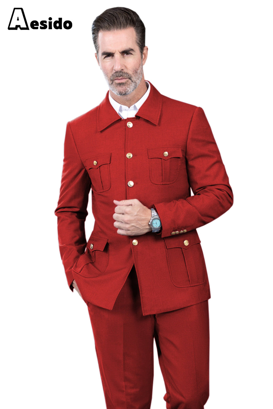 aesido Men's Suit 2 Piece Stand Collar Jacket(Blazer+Pants)