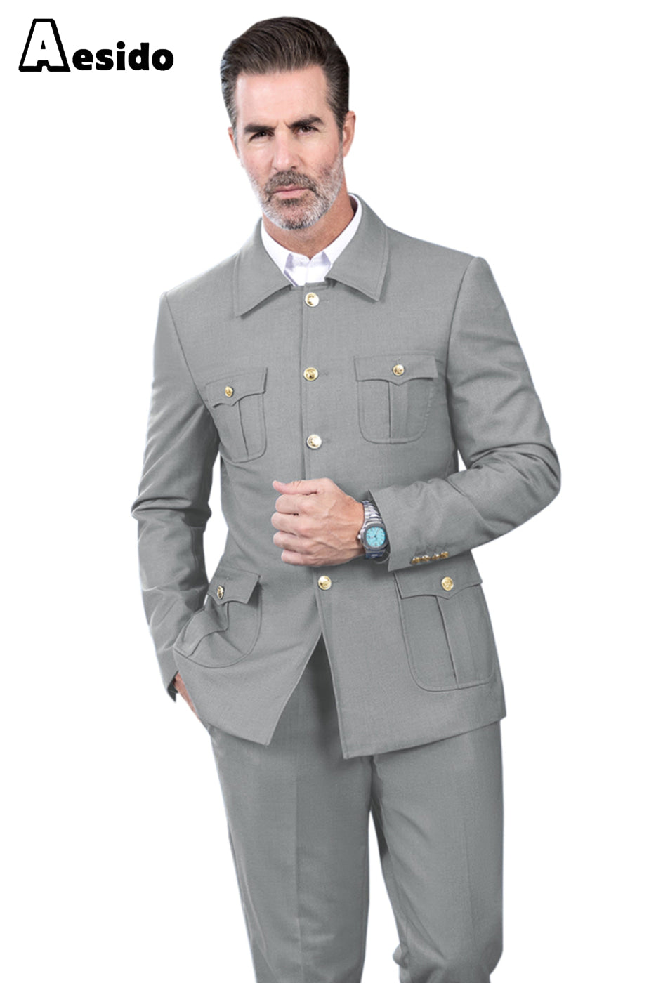 aesido Men's Suit 2 Piece Stand Collar Jacket(Blazer+Pants)