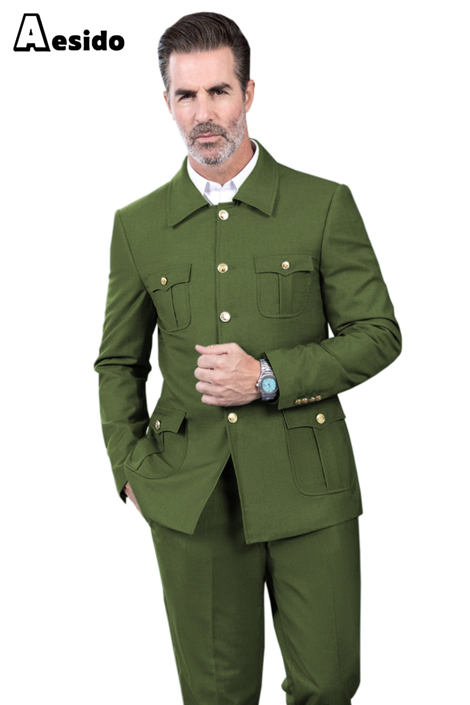 aesido Men's Suit 2 Piece Stand Collar Jacket(Blazer+Pants)