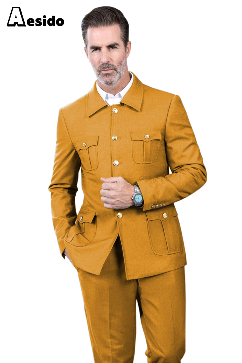 aesido Men's Suit 2 Piece Stand Collar Jacket(Blazer+Pants)