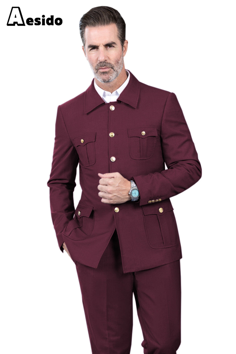 aesido Men's Suit 2 Piece Stand Collar Jacket(Blazer+Pants)