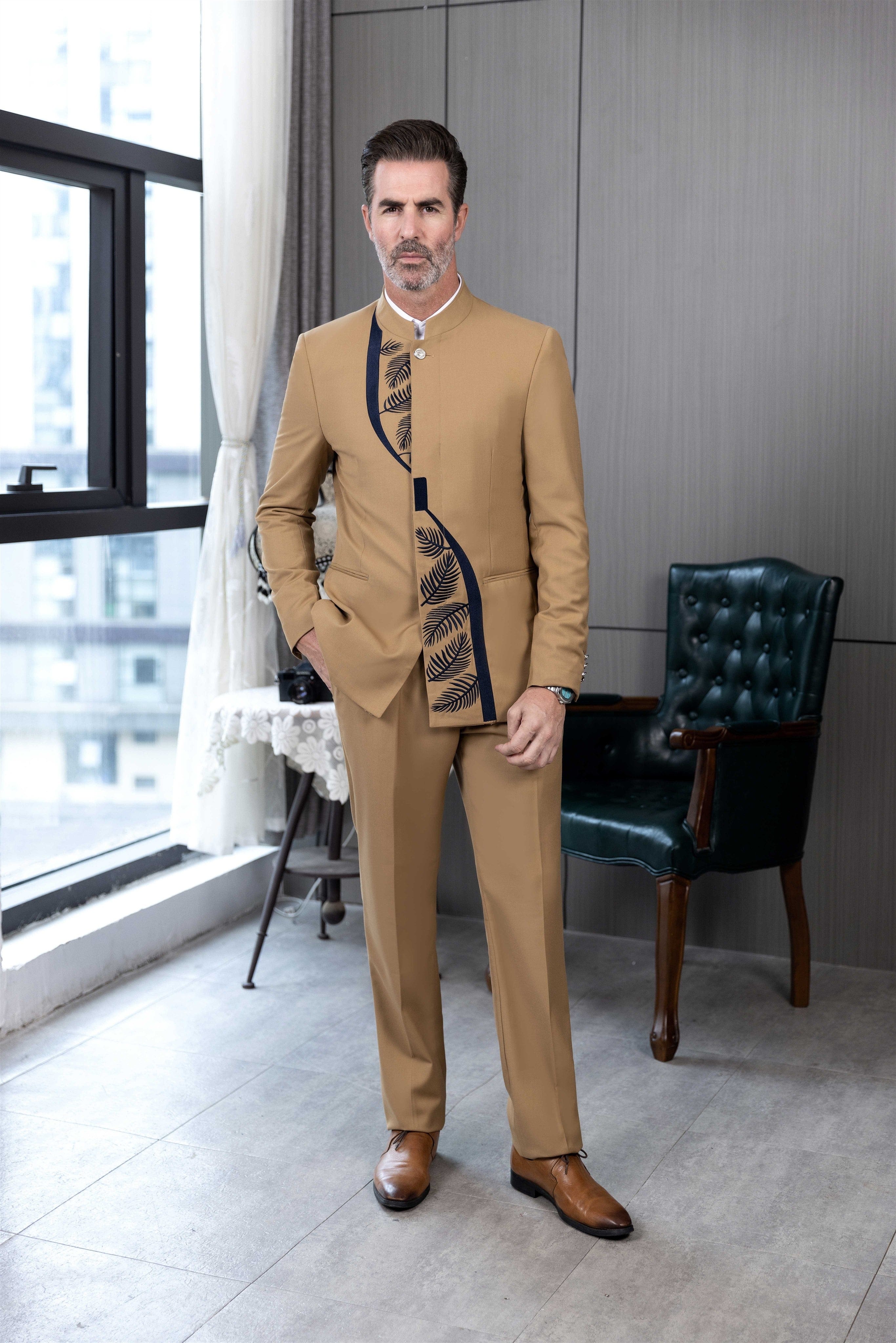 Aesido Men's Suit Piece Stand Lapel Jacket (Blazer+Pants)