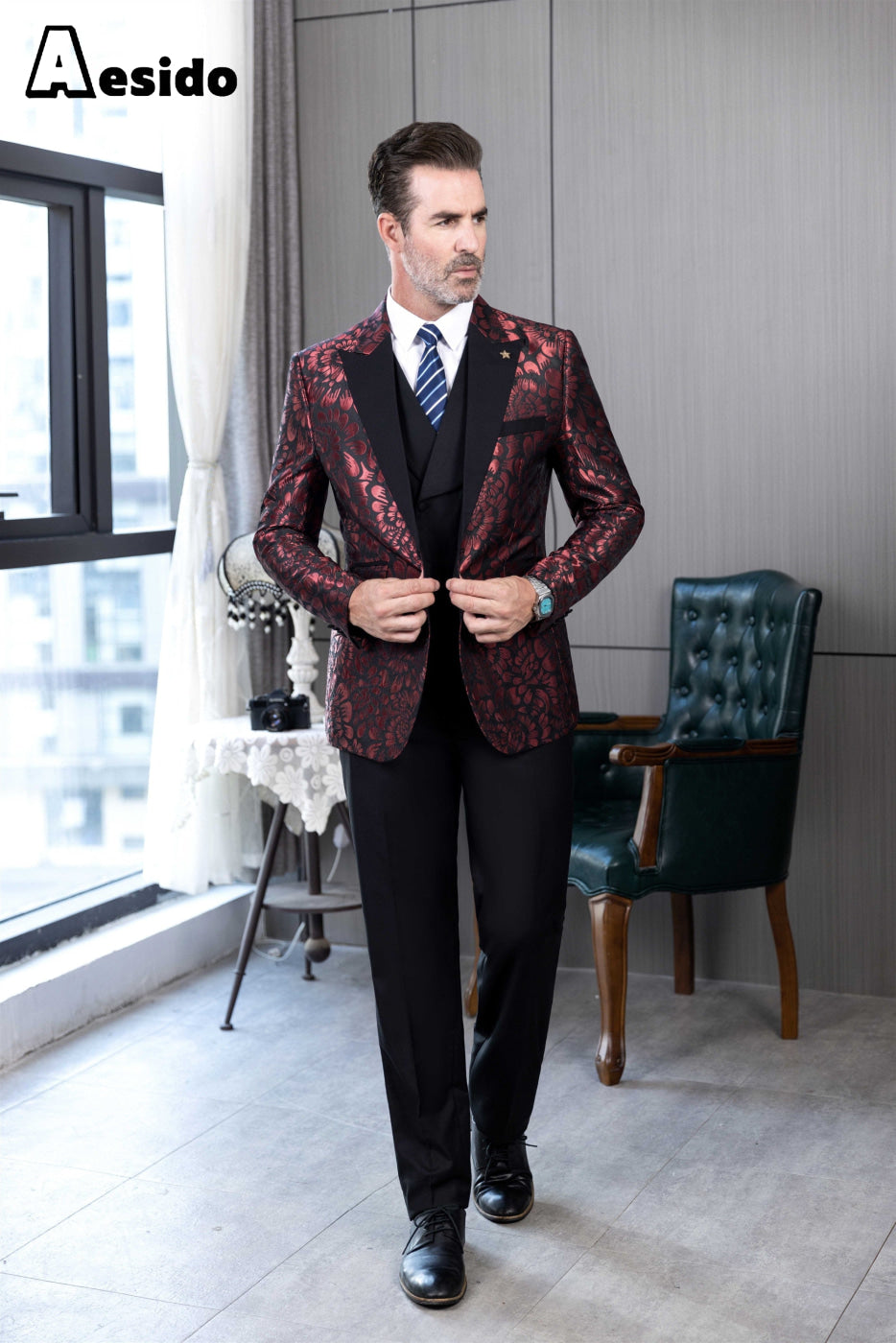 aesido Men's Suit 3 Piece Business Peak Lapel Jacket(Blazer+Vest+Pants)