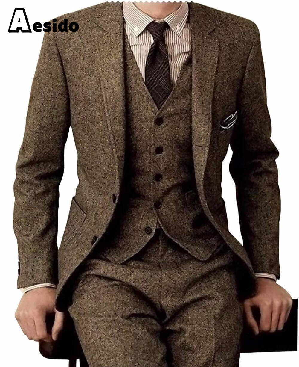 aesido Men's Suit 3 Piece Double Button Notch Lapel Jacket(Blazer+Vest+Pants)