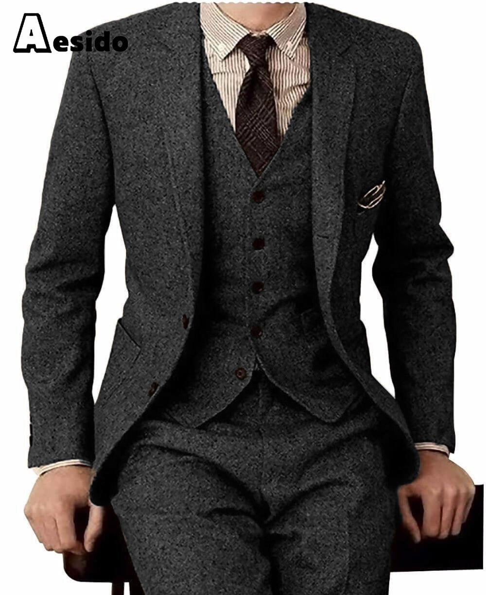 aesido Men's Suit 3 Piece Double Button Notch Lapel Jacket(Blazer+Vest+Pants)