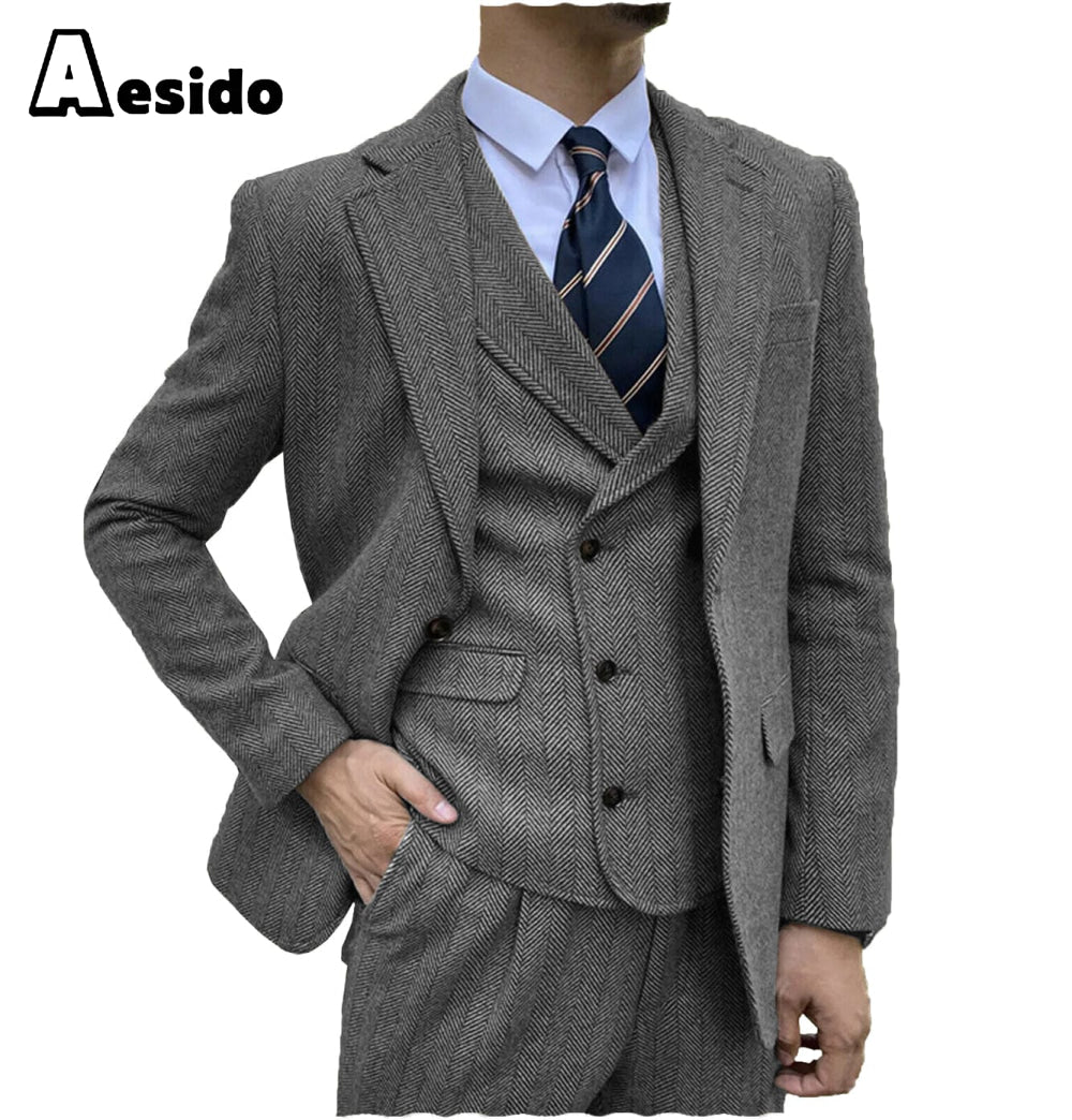 aesido Men's Suit 3 Piece Notch Lapel Blazer(Blazer+Vest+Pants)