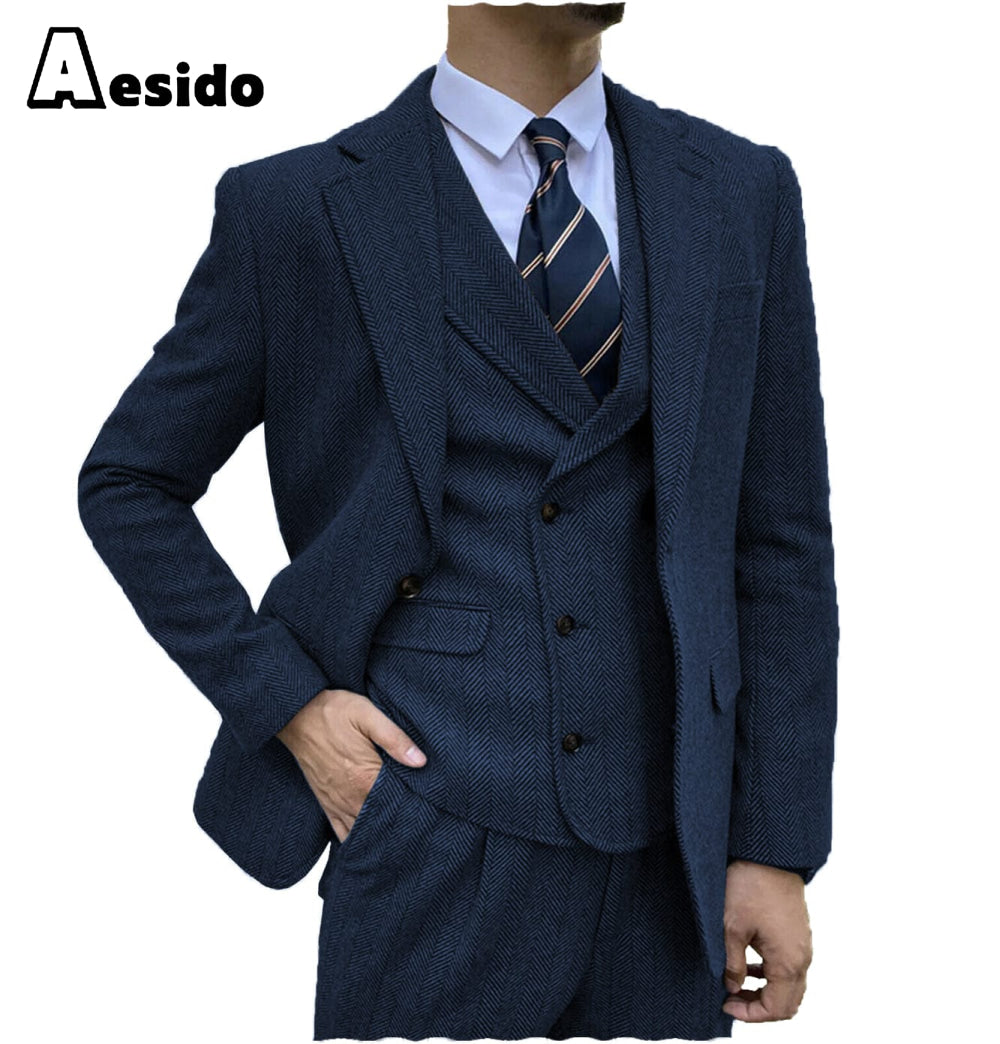 aesido Men's Suit 3 Piece Notch Lapel Blazer(Blazer+Vest+Pants)