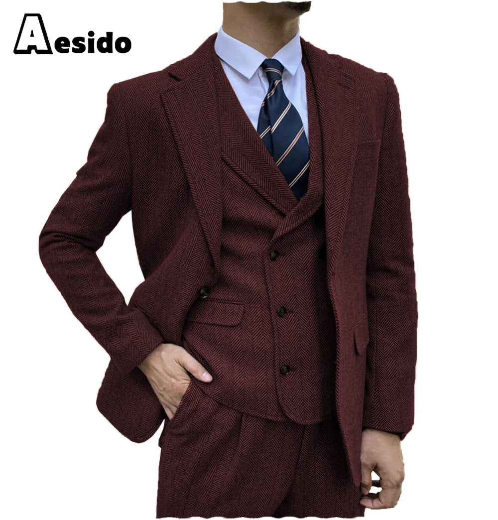 aesido Men's Suit 3 Piece Notch Lapel Blazer(Blazer+Vest+Pants)
