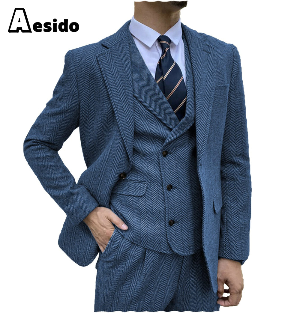 aesido Men's Suit 3 Piece Notch Lapel Blazer(Blazer+Vest+Pants)