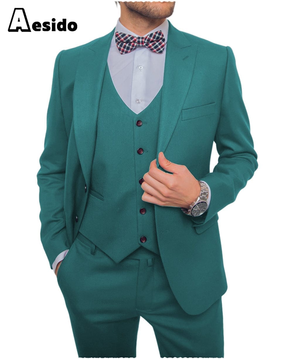 aesido Men's Suit 3 Pieces Single Buttons Peak Lapel Jacket (Blazer+Vest+Pants)