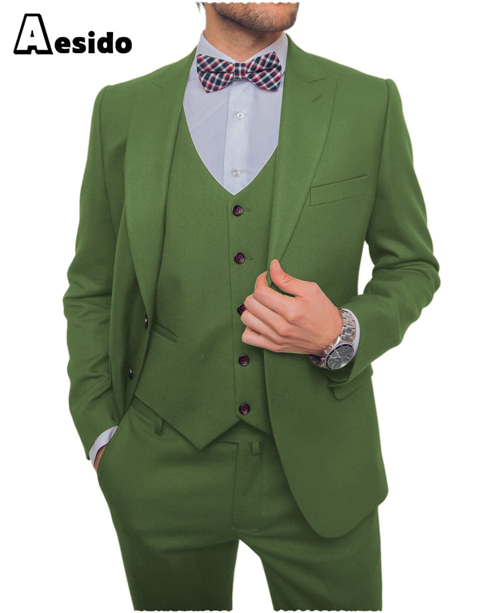 aesido Men's Suit 3 Pieces Single Buttons Peak Lapel Jacket (Blazer+Vest+Pants)
