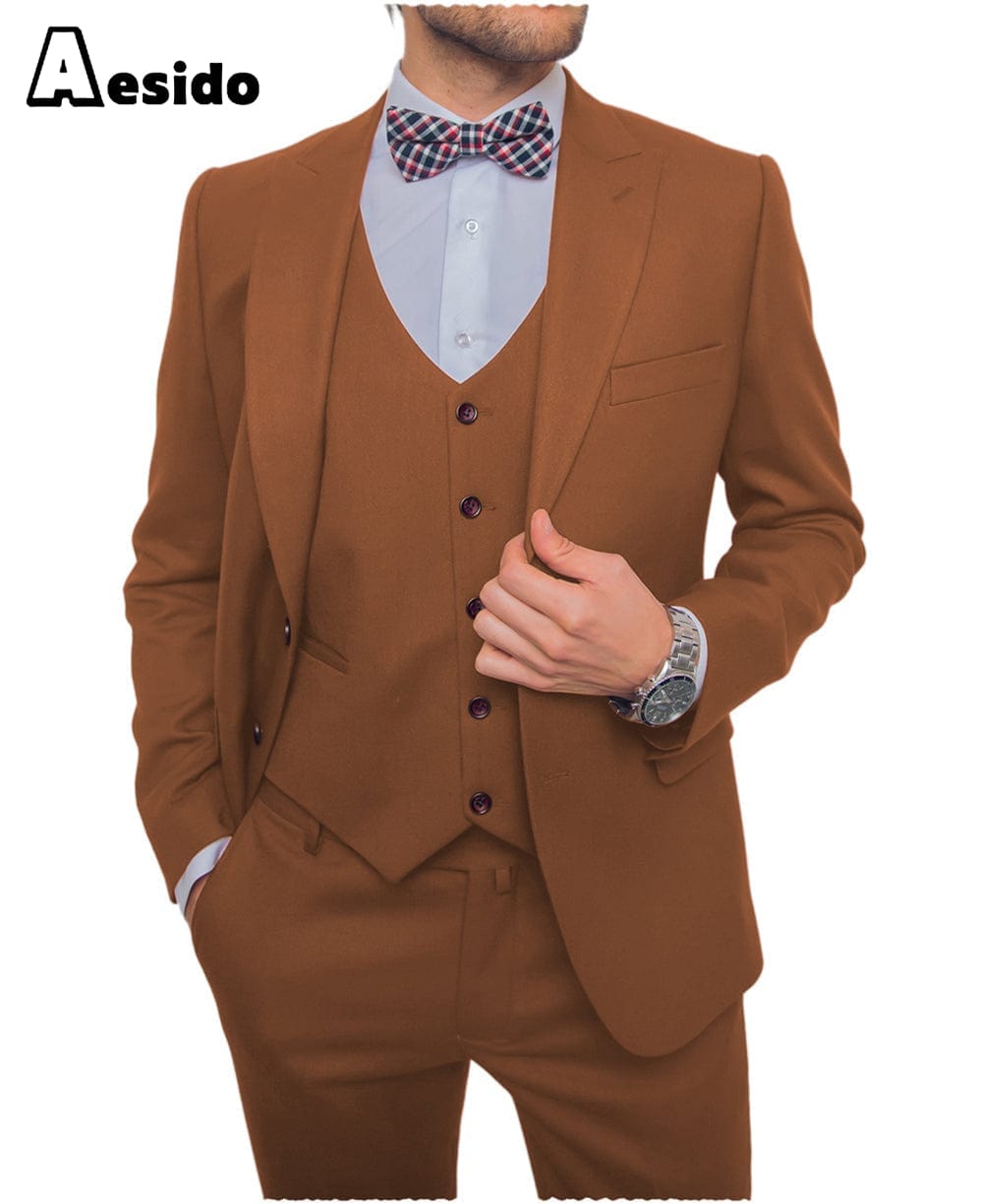 aesido Men's Suit 3 Pieces Single Buttons Peak Lapel Jacket (Blazer+Vest+Pants)