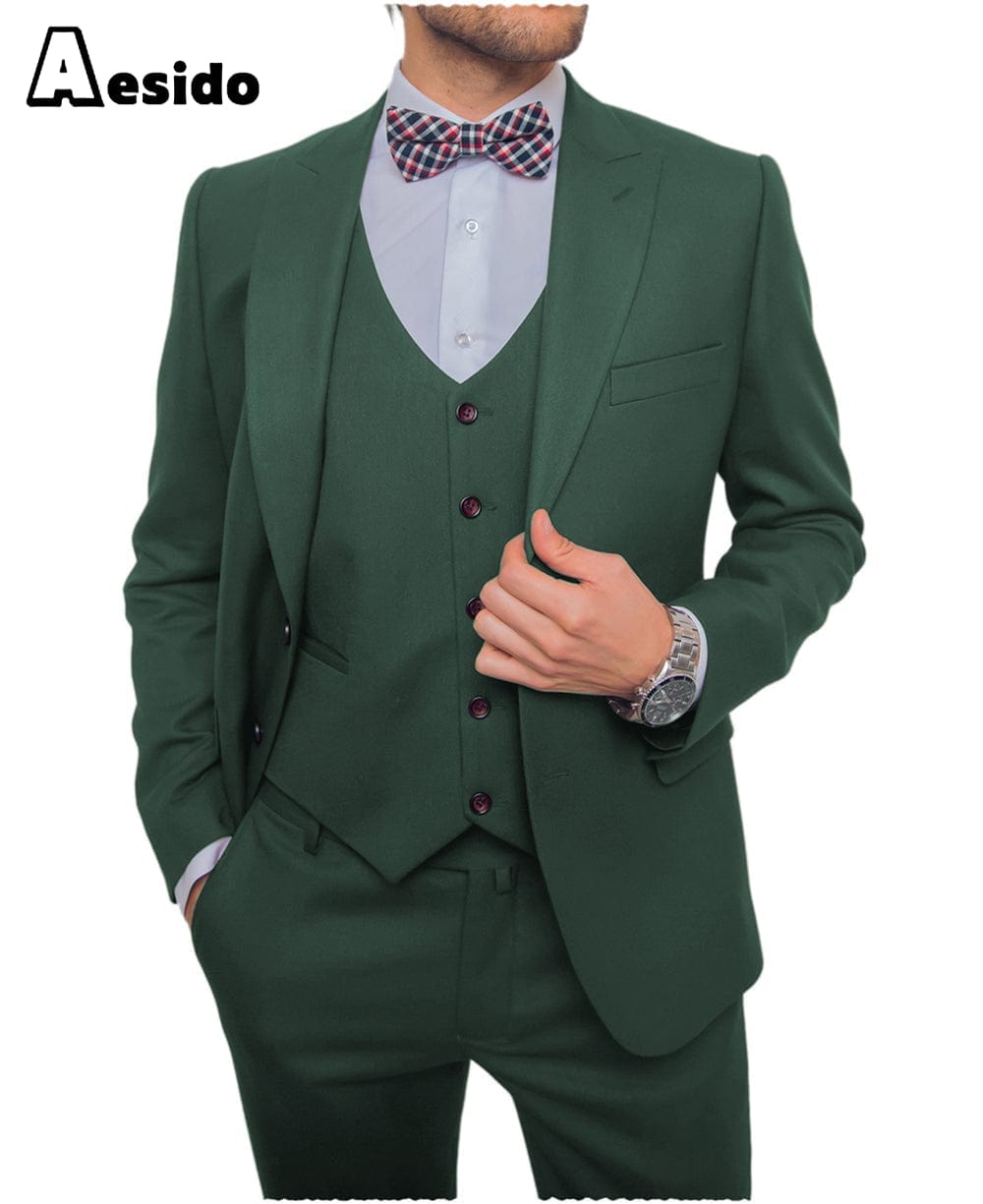 aesido Men's Suit 3 Pieces Single Buttons Peak Lapel Jacket (Blazer+Vest+Pants)