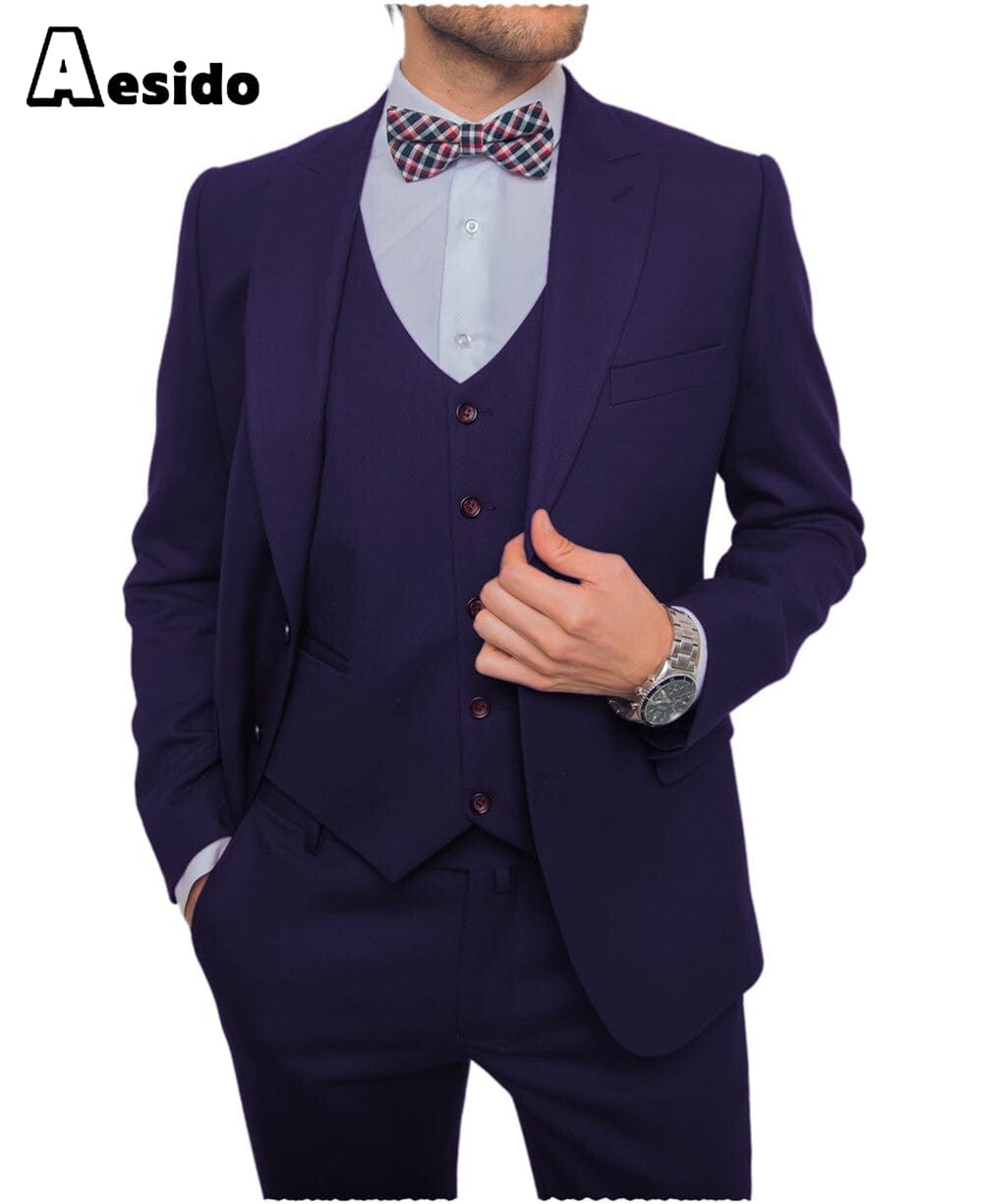aesido Men's Suit 3 Pieces Single Buttons Peak Lapel Jacket (Blazer+Vest+Pants)