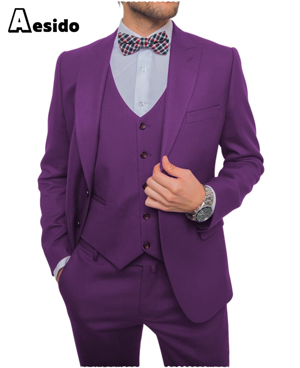aesido Men's Suit 3 Pieces Single Buttons Peak Lapel Jacket(Blazer+Vest+Pants)