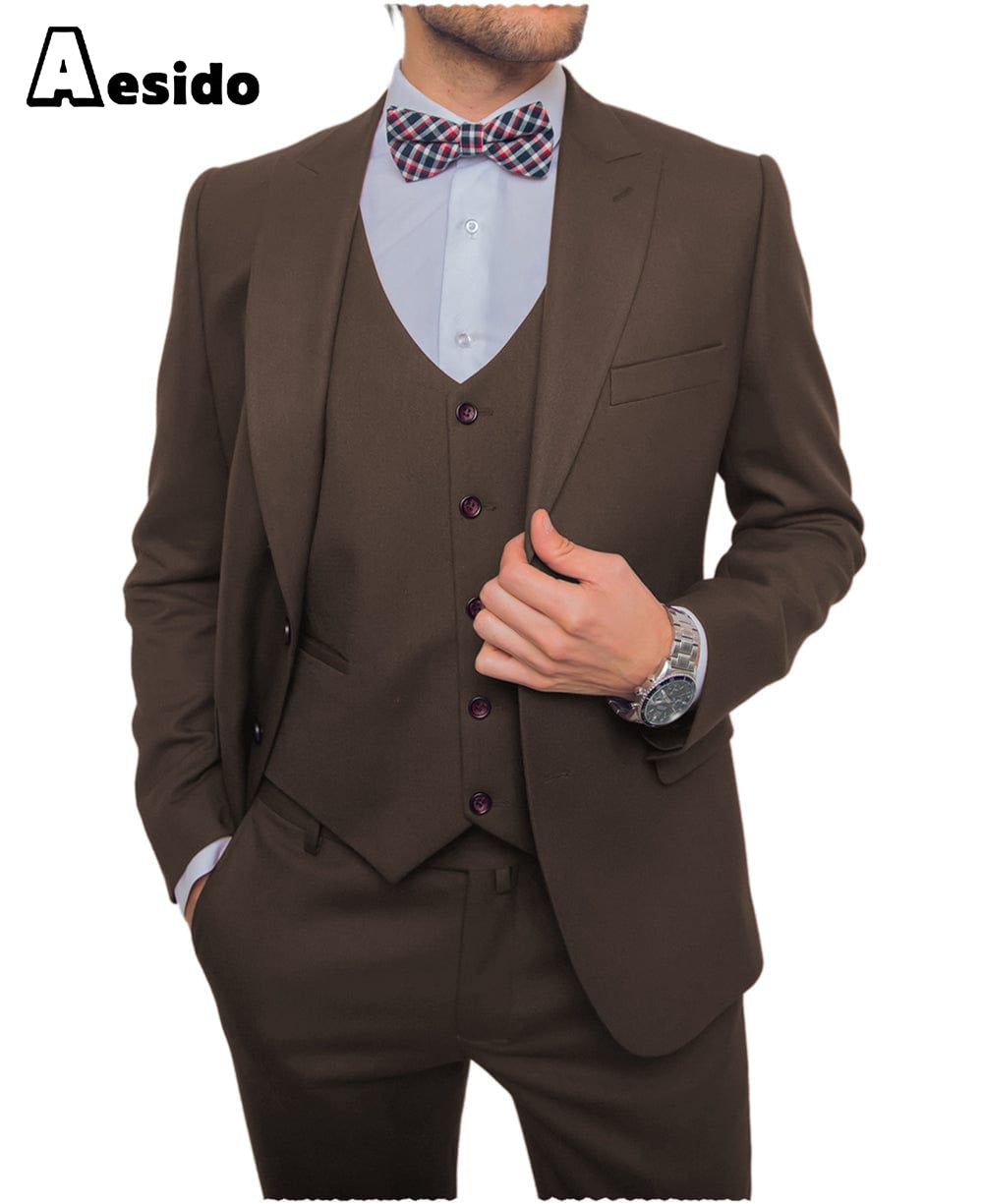 aesido Men's Suit 3 Pieces Single Buttons Peak Lapel Jacket(Blazer+Vest+Pants)