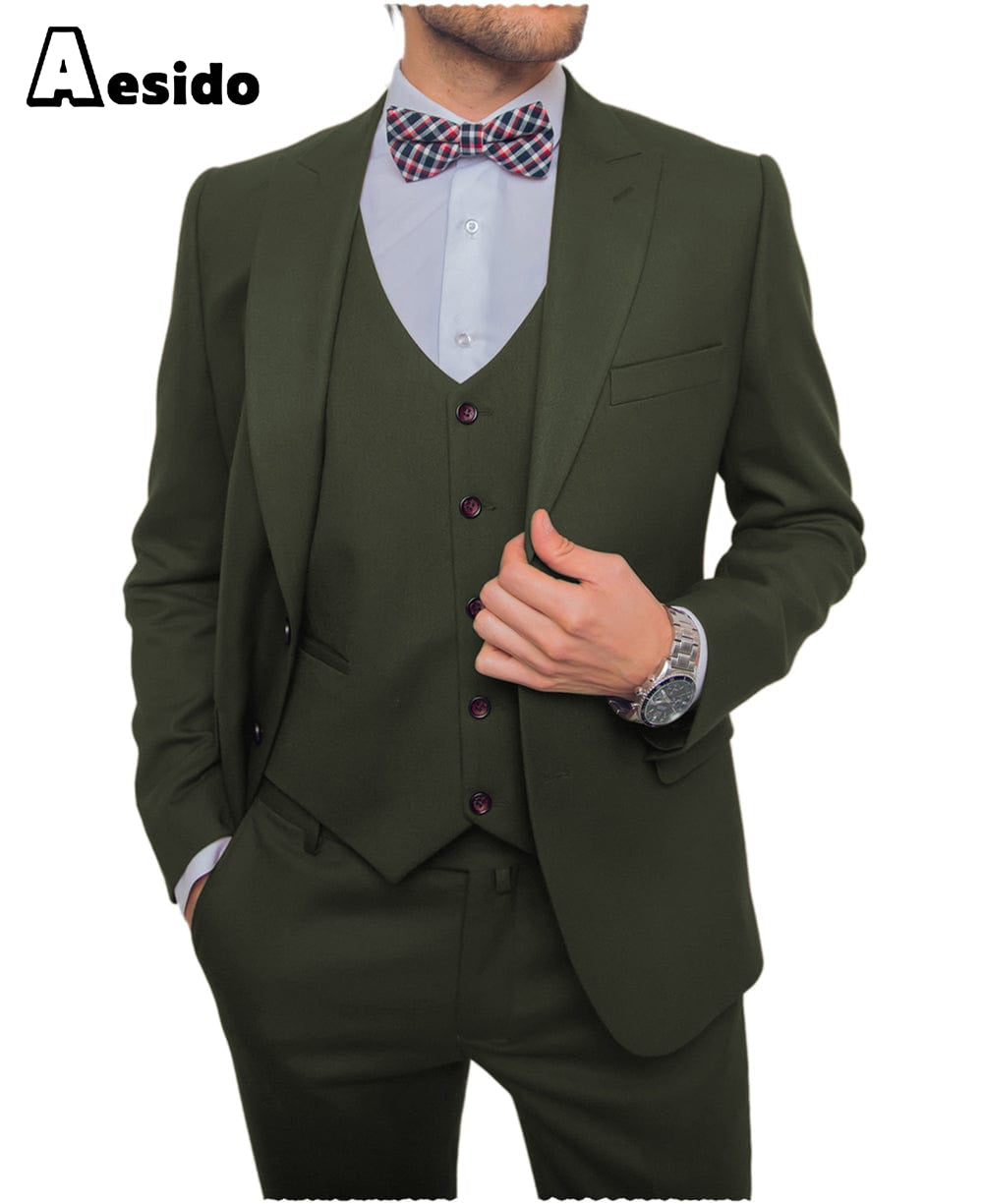 aesido Men's Suit 3 Pieces Single Buttons Peak Lapel Jacket(Blazer+Vest+Pants)