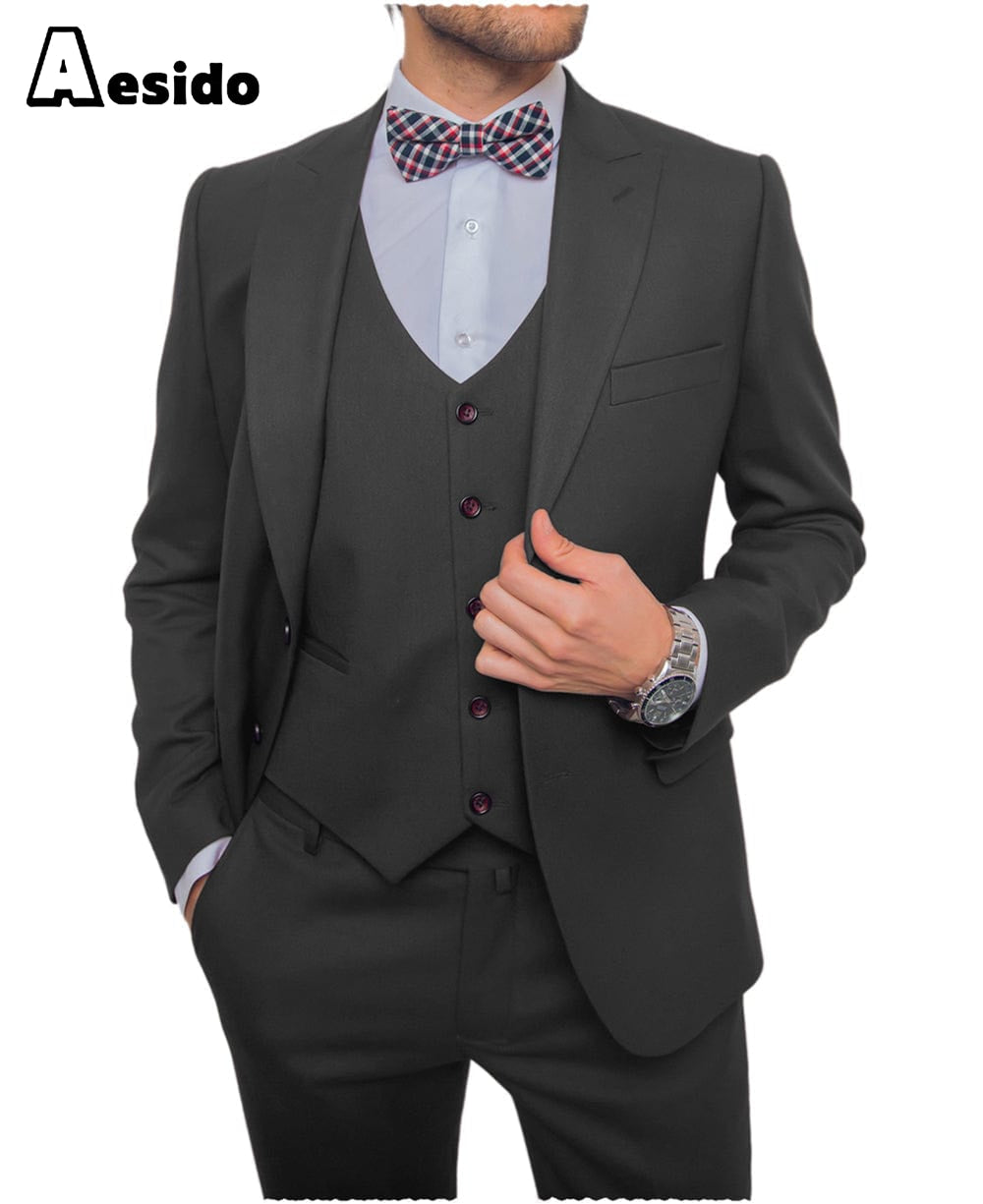 aesido Men's Suit 3 Pieces Single Buttons Peak Lapel Jacket(Blazer+Vest+Pants)