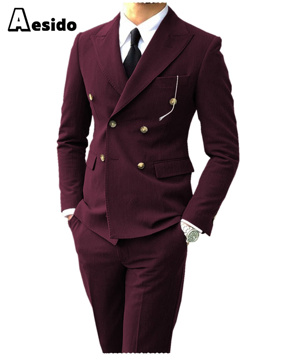 aesido Men‘s Suit Peak Lapel Double Breasts Jacket(Blazer+Pants)