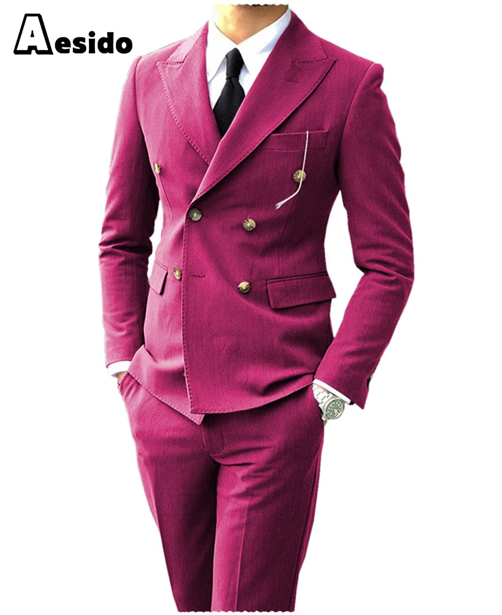 aesido Men‘s Suit Peak Lapel Double Breasts Jacket(Blazer+Pants)