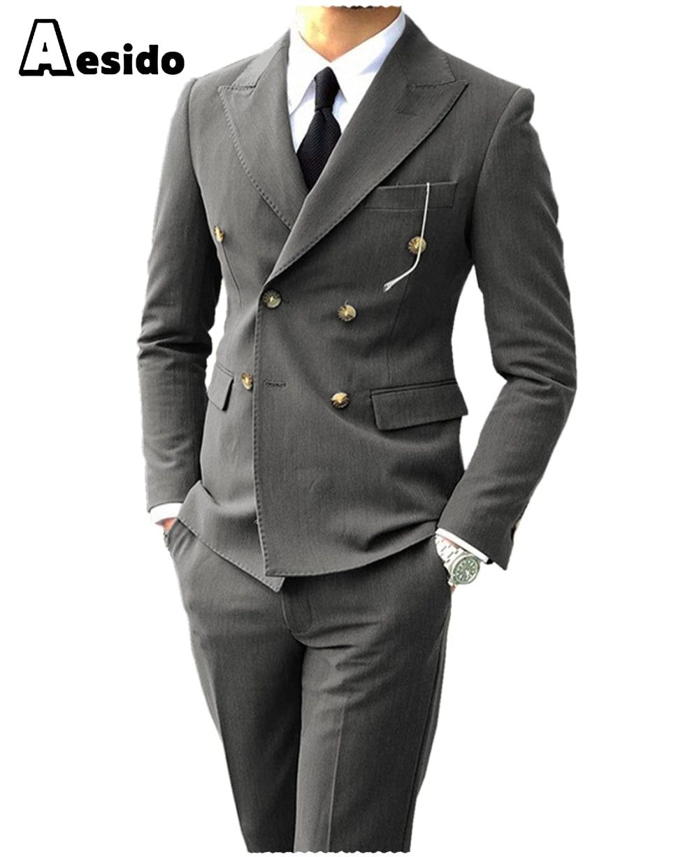 aesido Men‘s Suit Peak Lapel Double Breasts Jacket(Blazer+Pants)