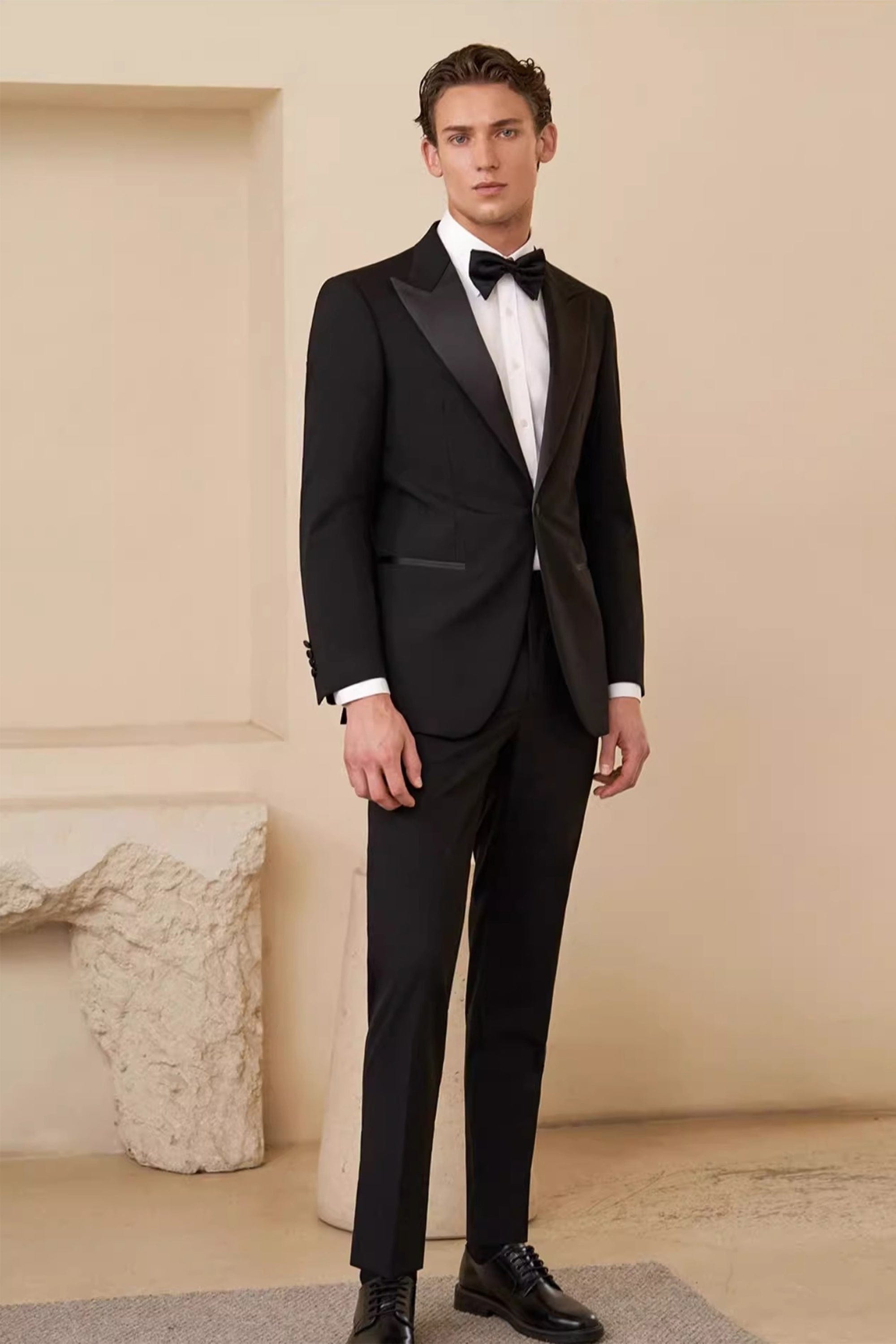 aesido Mens Black Peak Lapel Tuxedo Slim Fit Two Piece Suit for Wedding Prom Dinner Party
