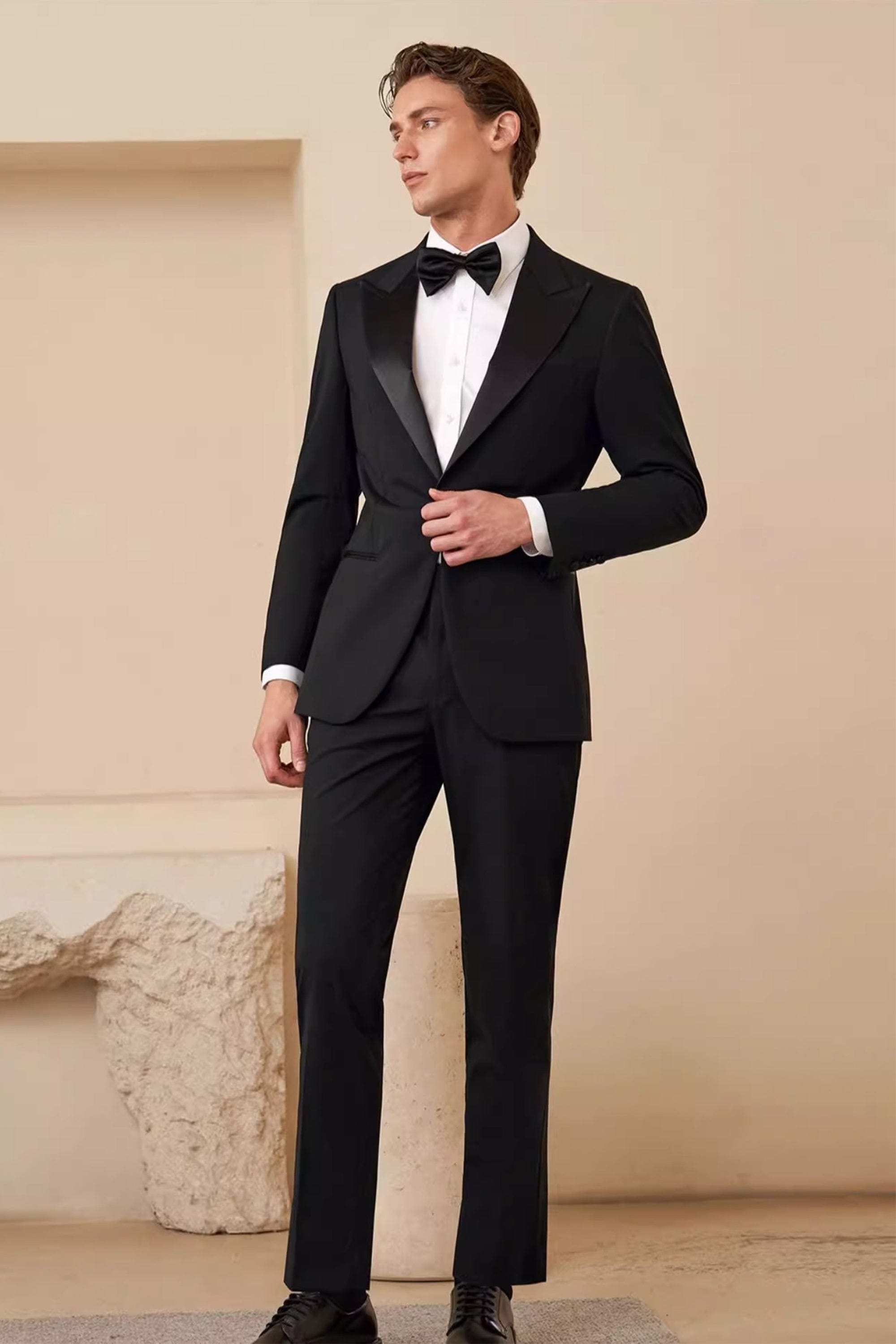 aesido Mens Black Peak Lapel Tuxedo Slim Fit Two Piece Suit for Wedding Prom Dinner Party