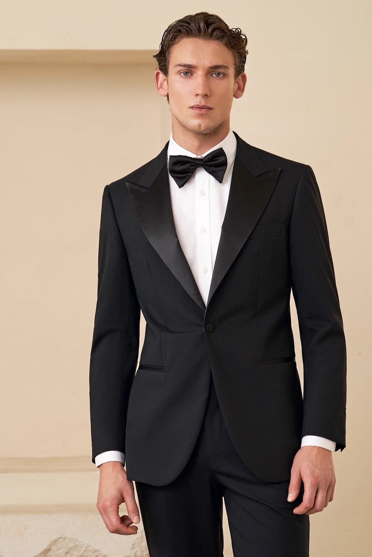 Mens Black Peak Lapel Tuxedo Slim Fit Two Piece Suit for Wedding Prom