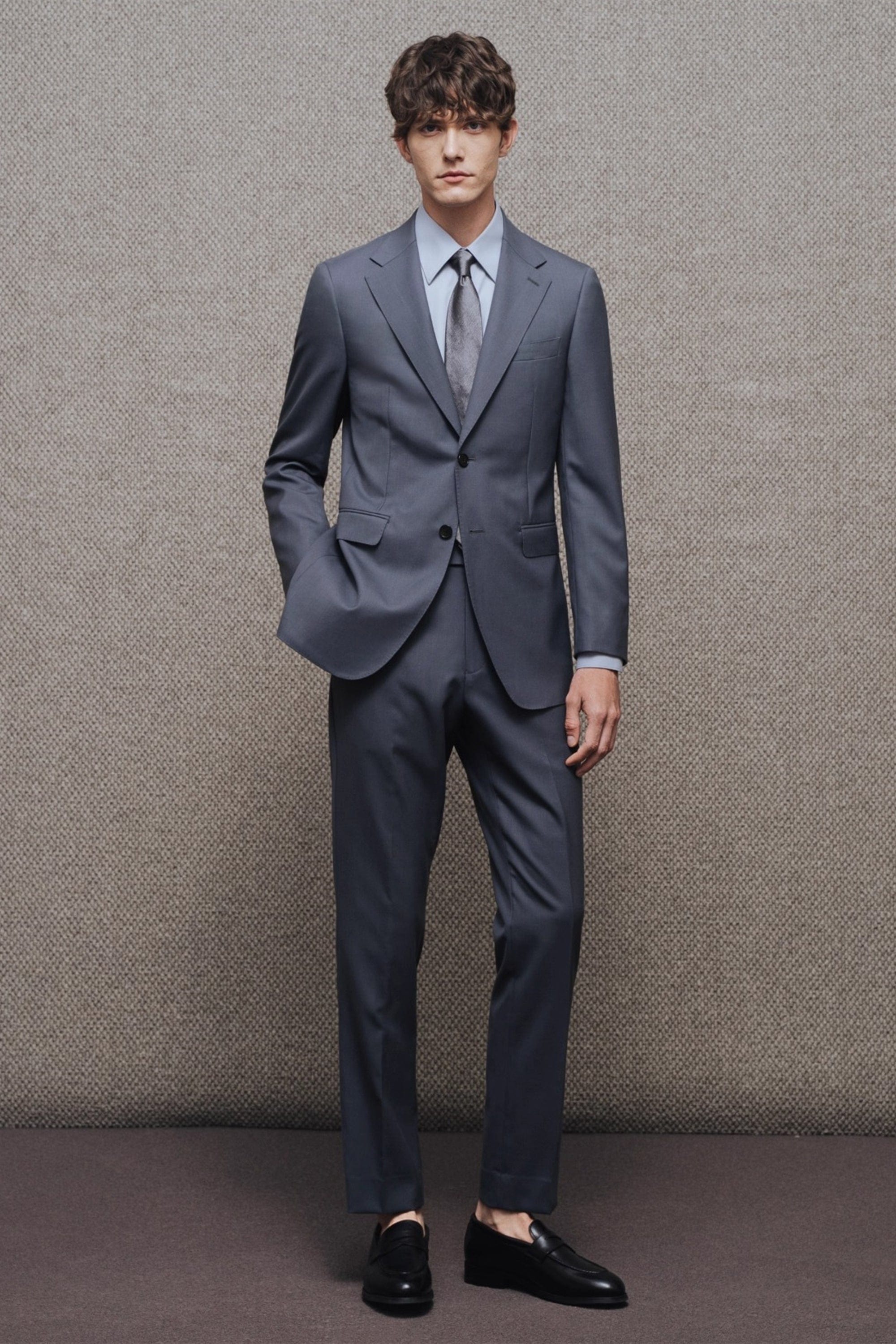 Mens Slate Gray Two Piece Slim Fit Suit Modern Business Wedding Interview Outfit Slate Grey / 50R Mens Slate Gray Two Piece Slim Fit Suit Modern Business Wedding Interview Outfit Slate Grey / 50R