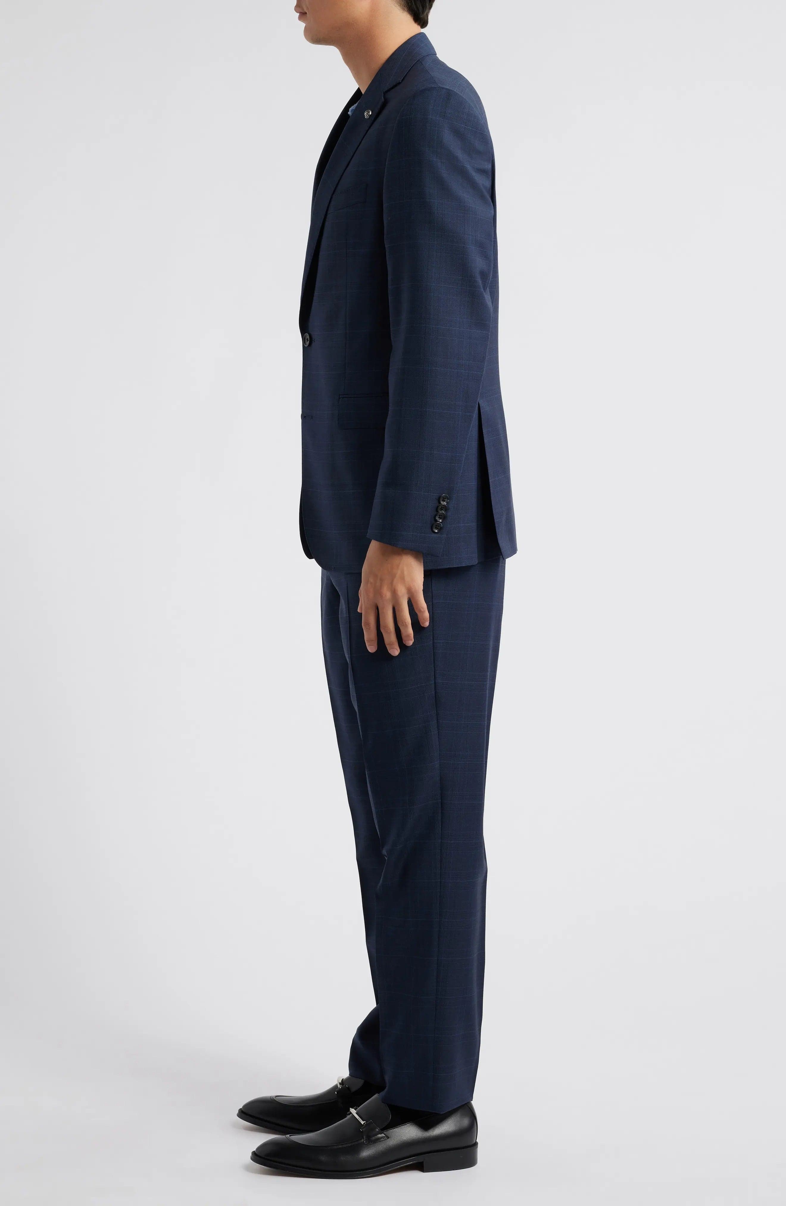 aesido Navy 2 Piece Plaid Double Button Business Casual Slim Fit Men Suit