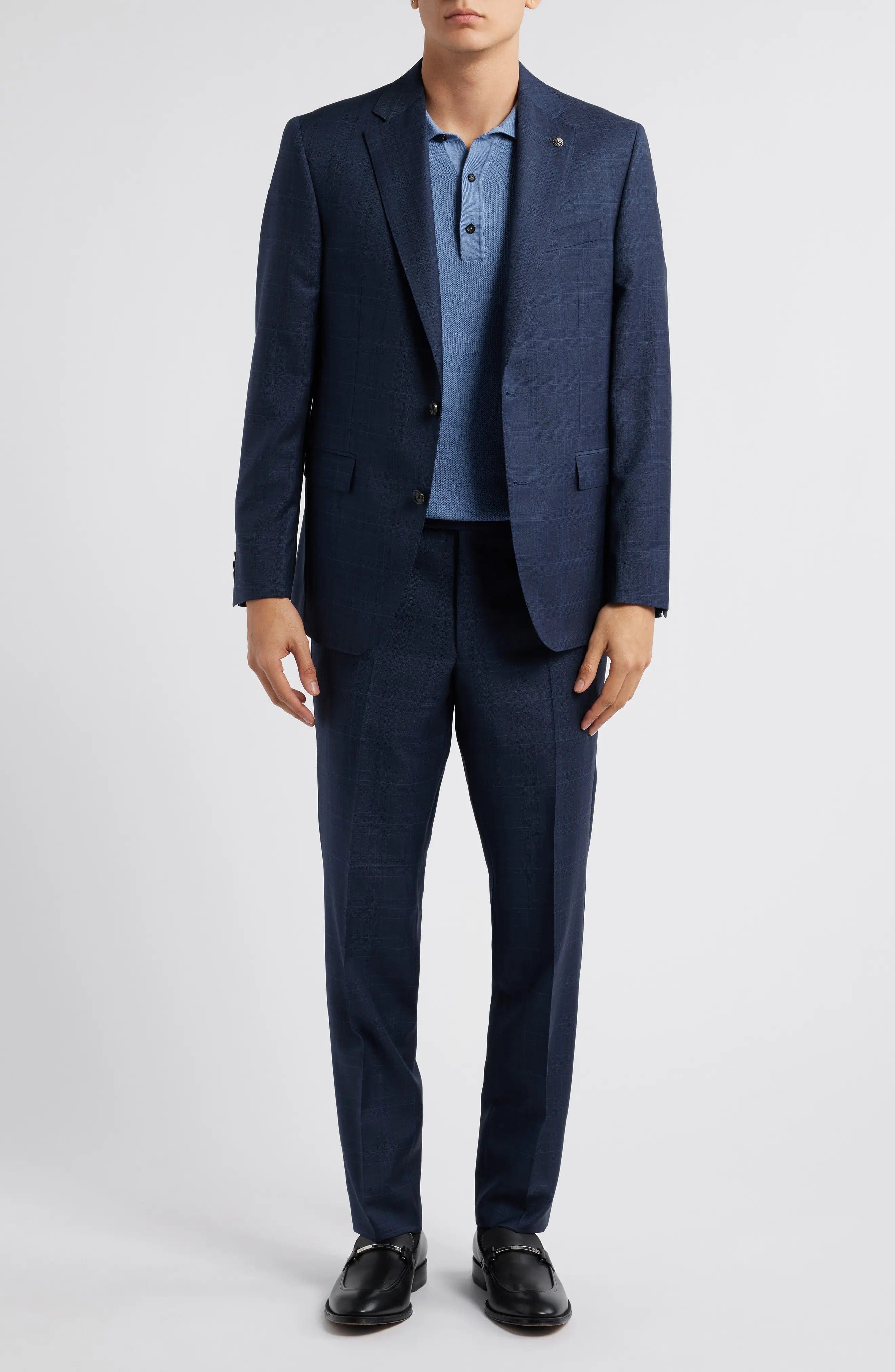 aesido Navy 2 Piece Plaid Double Button Business Casual Slim Fit Men Suit