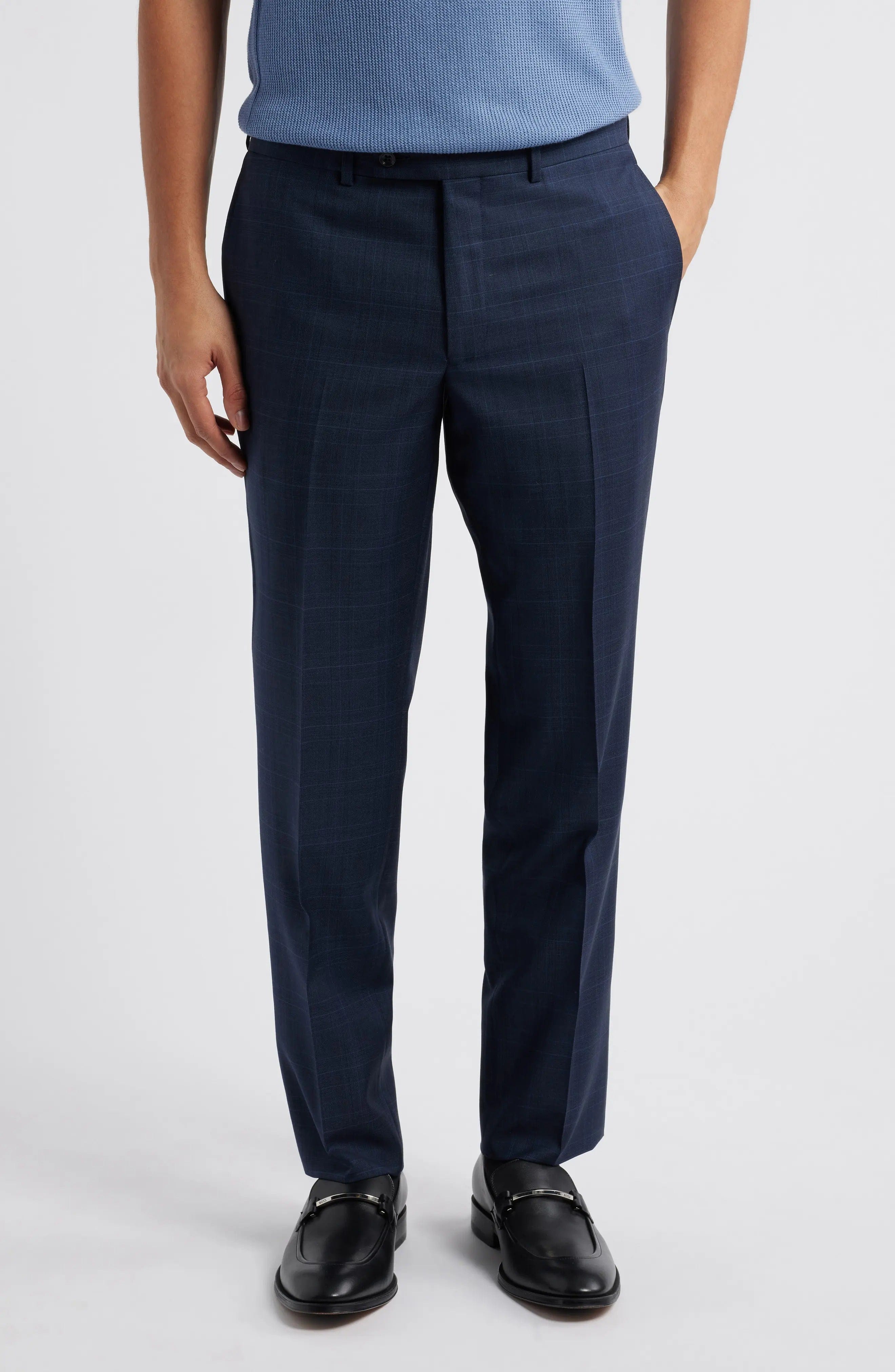 aesido Navy 2 Piece Plaid Double Button Business Casual Slim Fit Men Suit