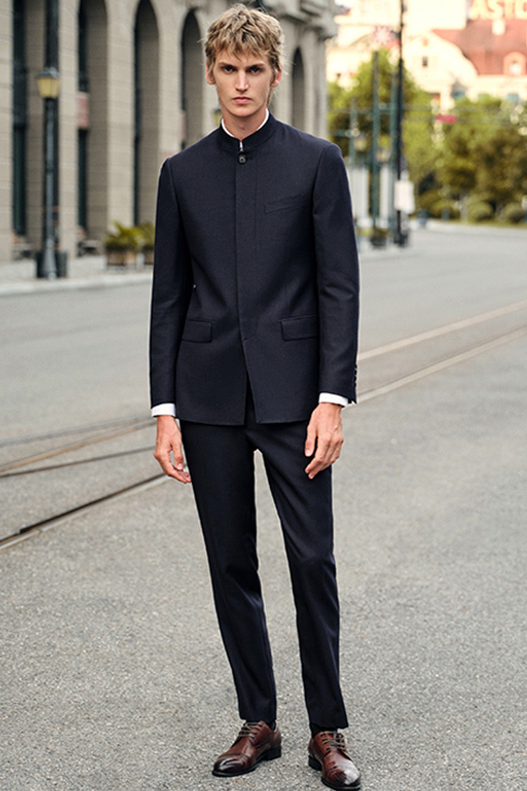 aesido Navy 2 Piece Zhongshan Suit Single Breasted Stand Collar Business Casual Men's Suit