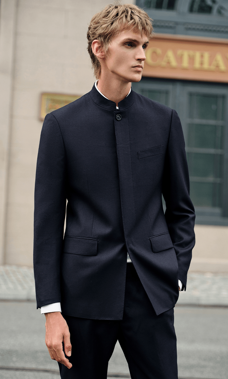 Mens Navy Blue Stand Collar Suit Set Hidden Single Breasted, Blazer & Pants Navy / 46R Mens Navy Blue Stand Collar Suit Set Hidden Single Breasted, Blazer & Pants Navy / 46R