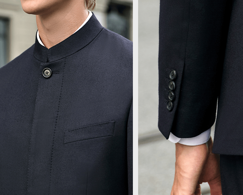 aesido Navy 2 Piece Zhongshan Suit Single Breasted Stand Collar Business Casual Men's Suit