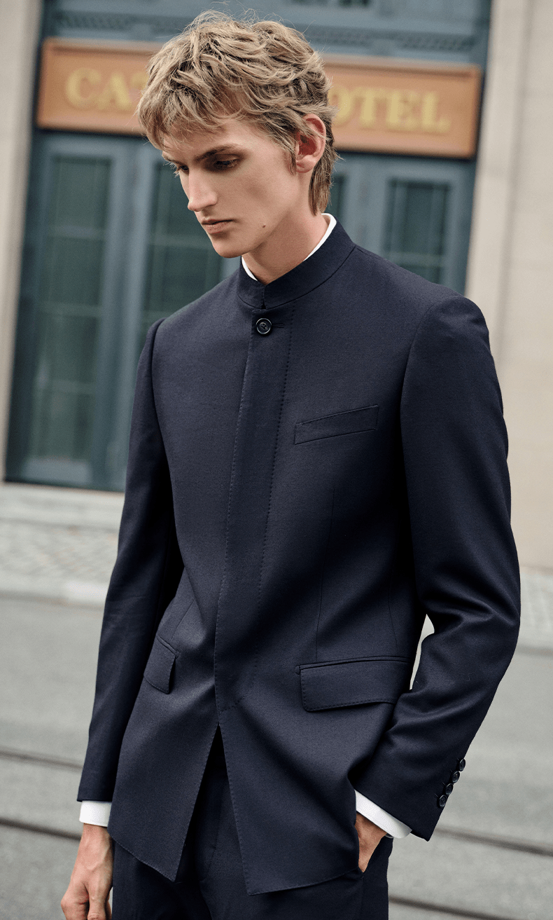 aesido Navy 2 Piece Zhongshan Suit Single Breasted Stand Collar Business Casual Men's Suit