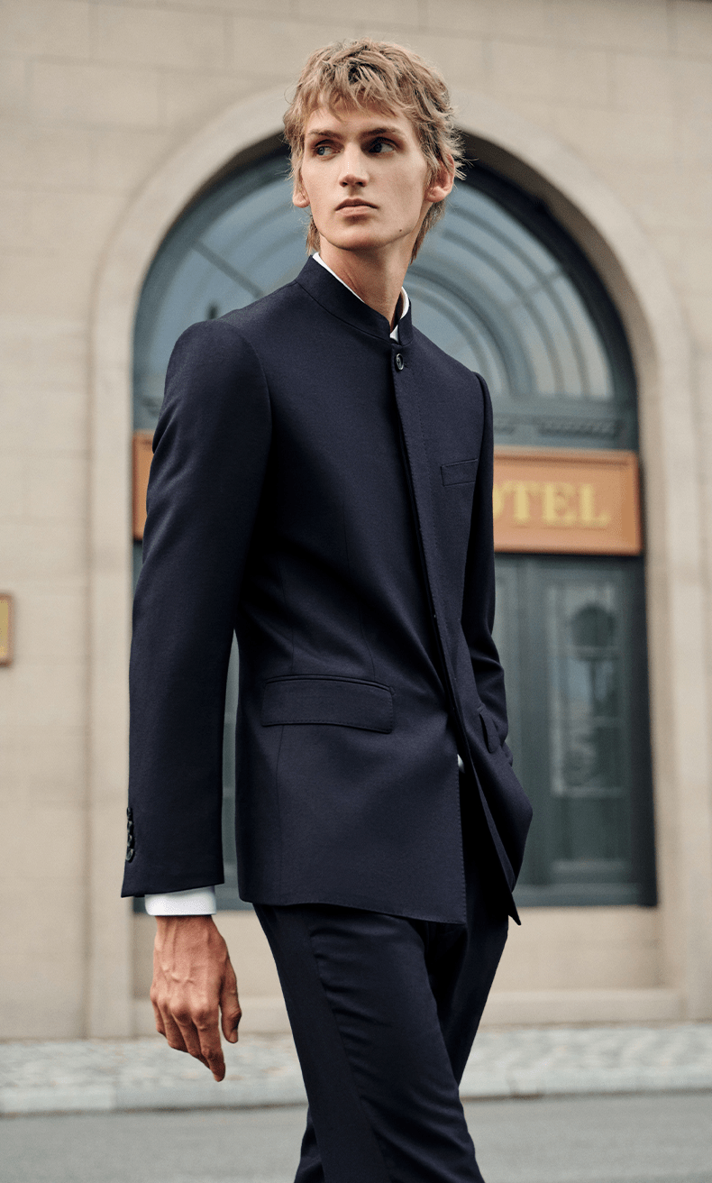 aesido Navy 2 Piece Zhongshan Suit Single Breasted Stand Collar Business Casual Men's Suit