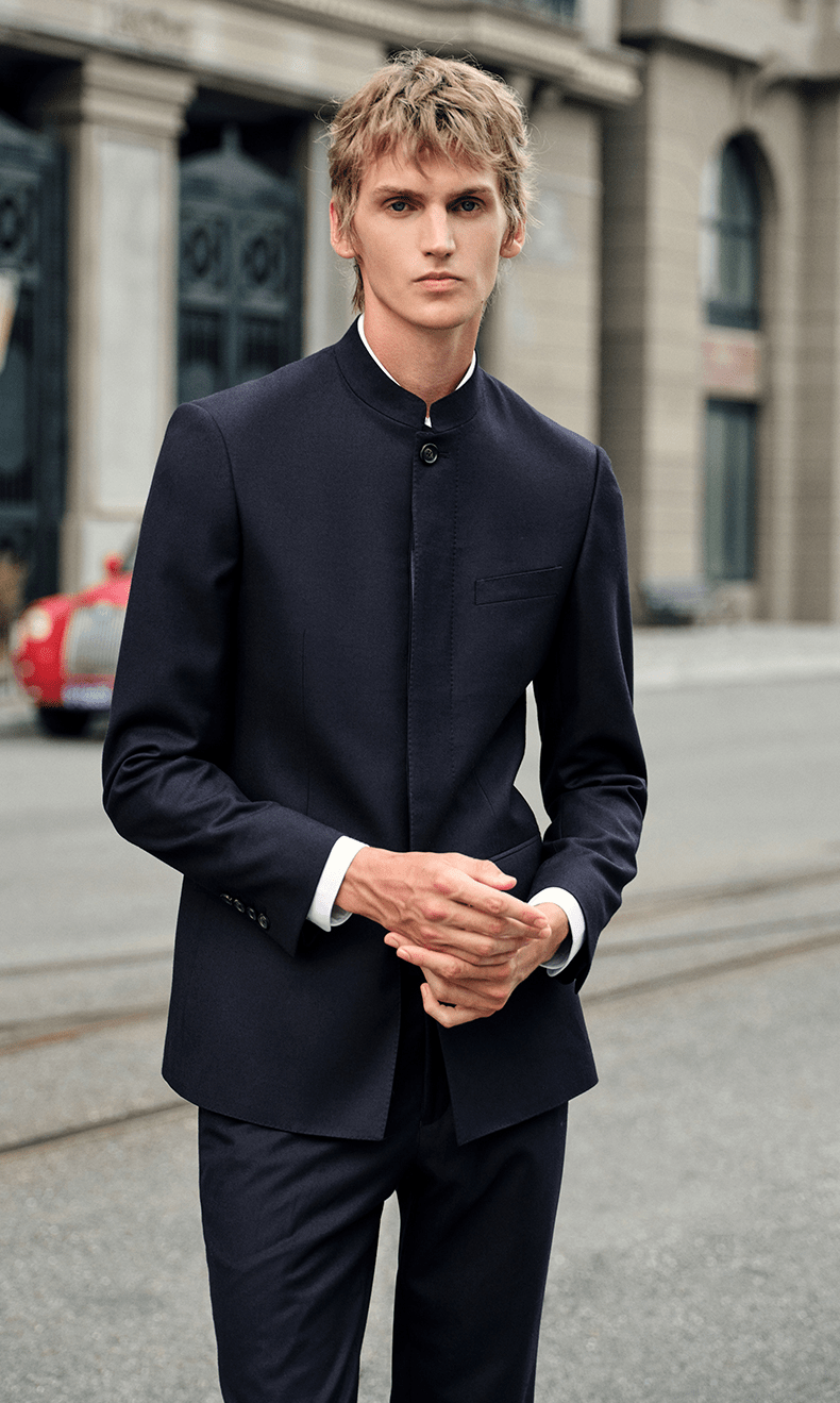 aesido Navy 2 Piece Zhongshan Suit Single Breasted Stand Collar Business Casual Men's Suit