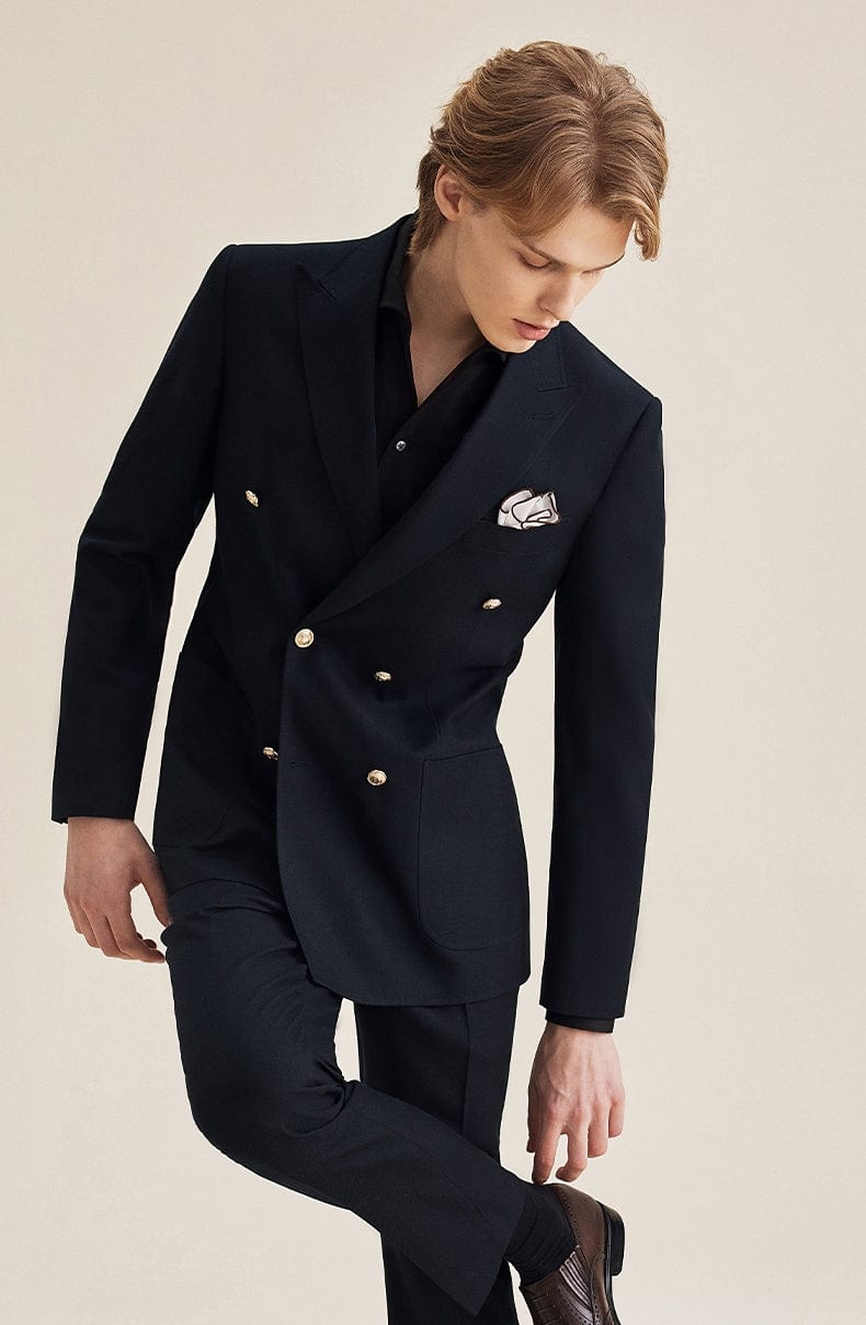 aesido Navy 3 Piece Double Breasted Business Men's Suit Groom Wedding Dress