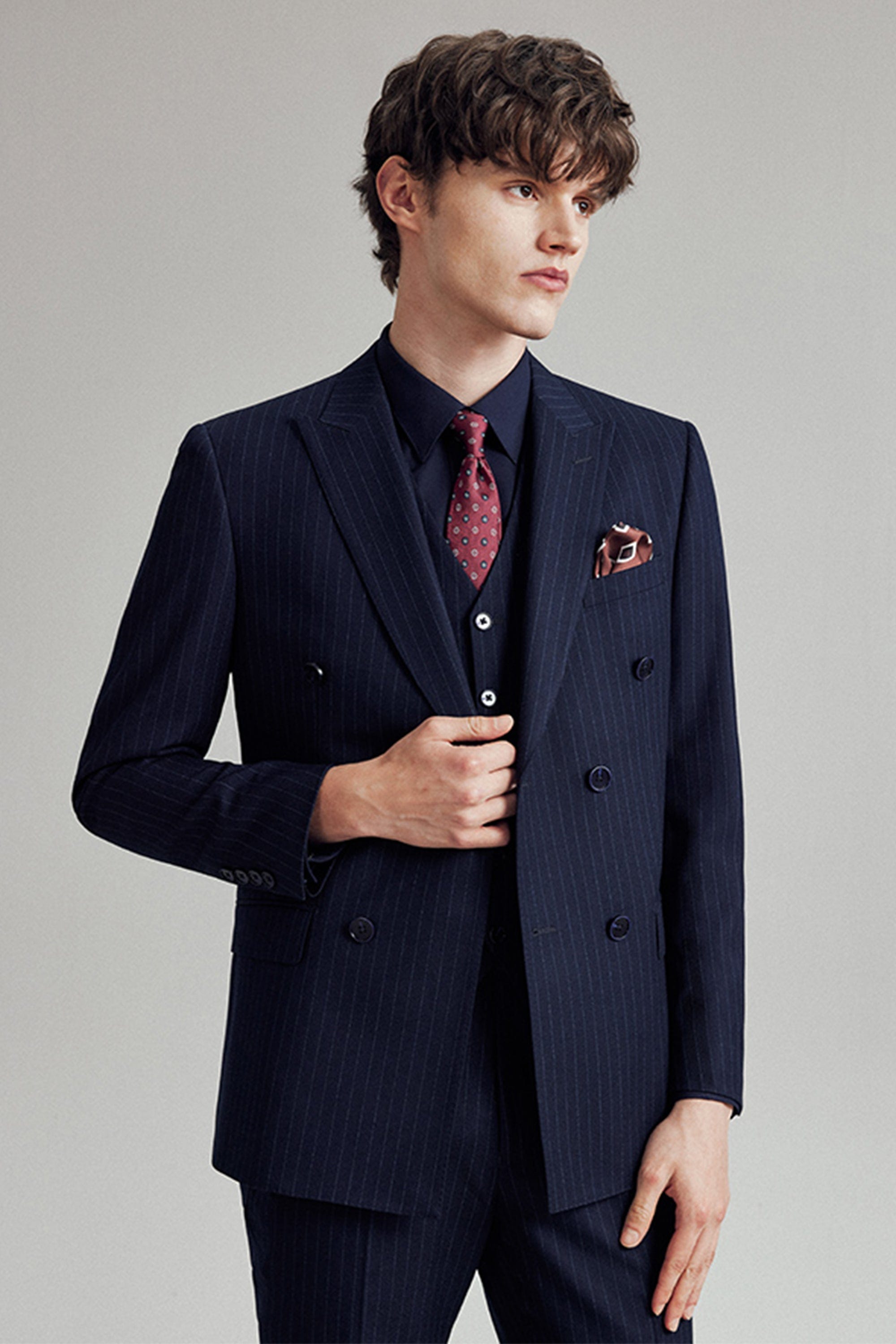 aesido Navy 3 Piece Double Breasted Business Slim Fit Men's Striped Suit Groom Wedding Dress