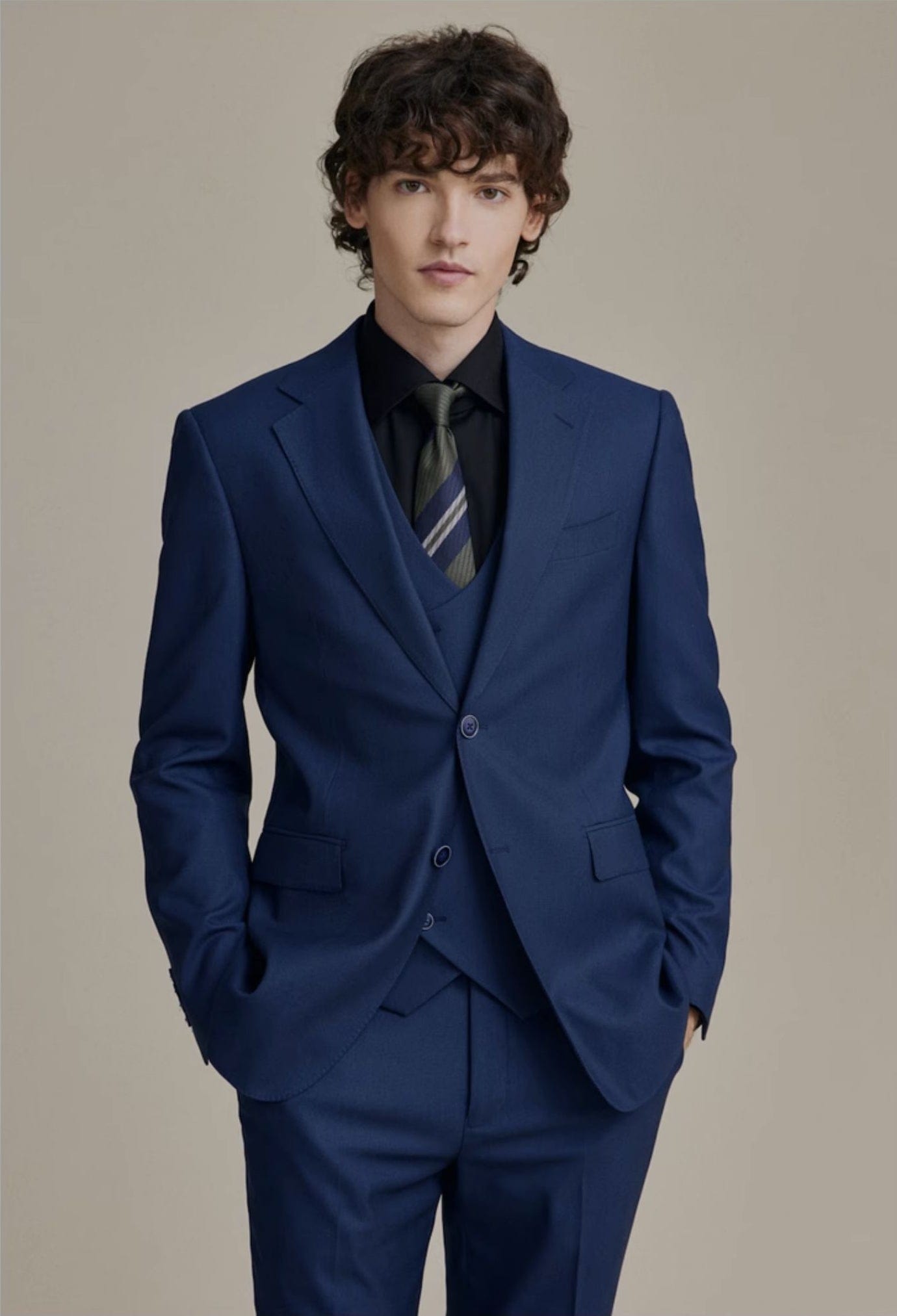 aesido Navy Three Piece Business Casual Slim Men's Suit Groom Wedding Banquet Dress