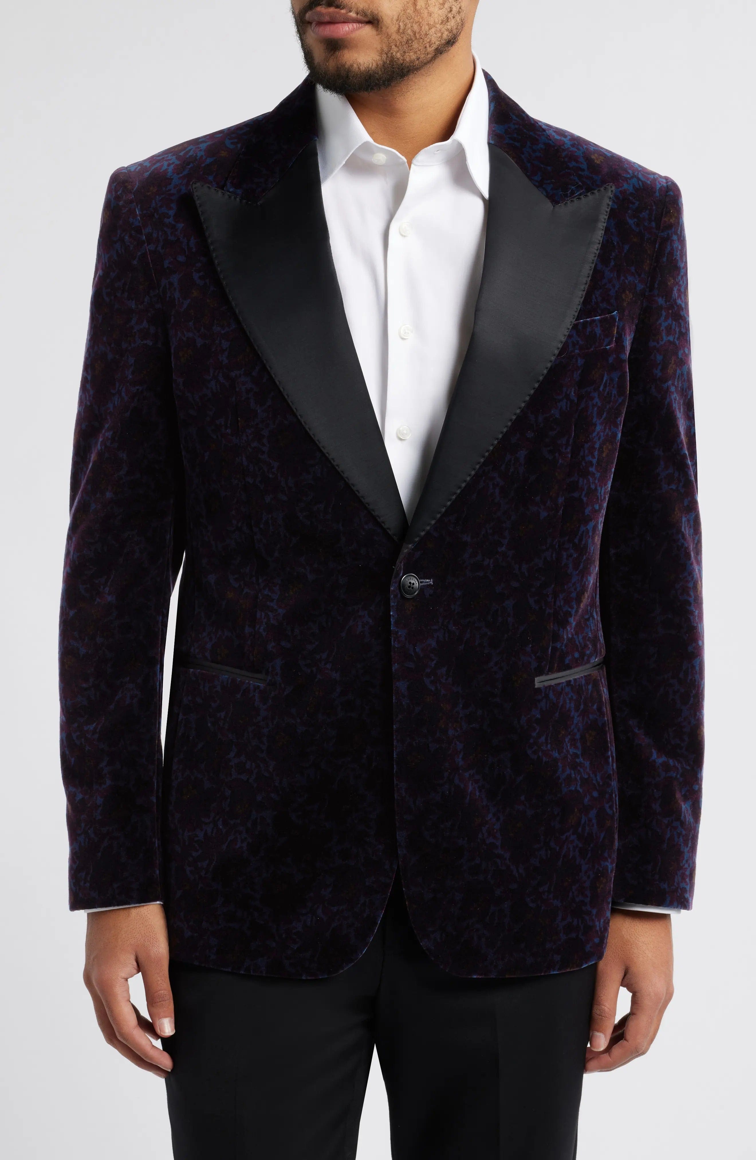 aesido Navy Velvet Single Button Satin Lapel Mens Blazer