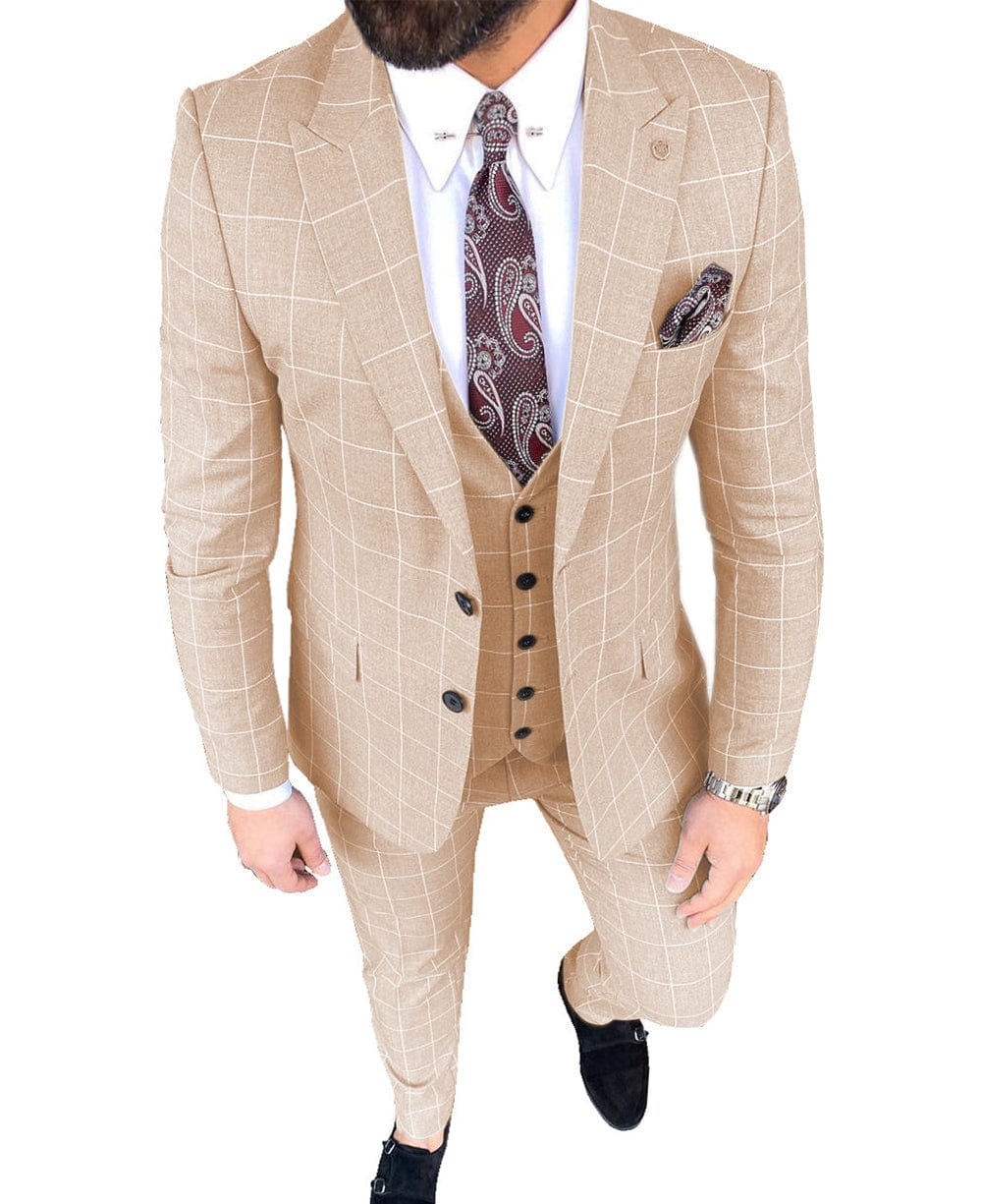 aesido Plaid Peak Lapel 3 Pieces Mens Suit (Blazer+vest+Pants)
